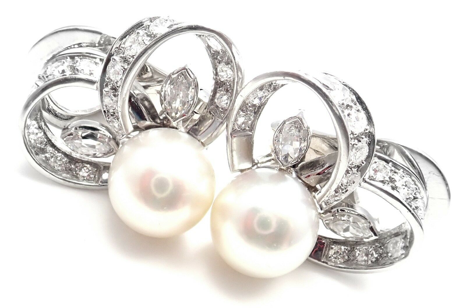 Vintage Authentic Marianne Ostier Platinum Diamond Pearl Earrings