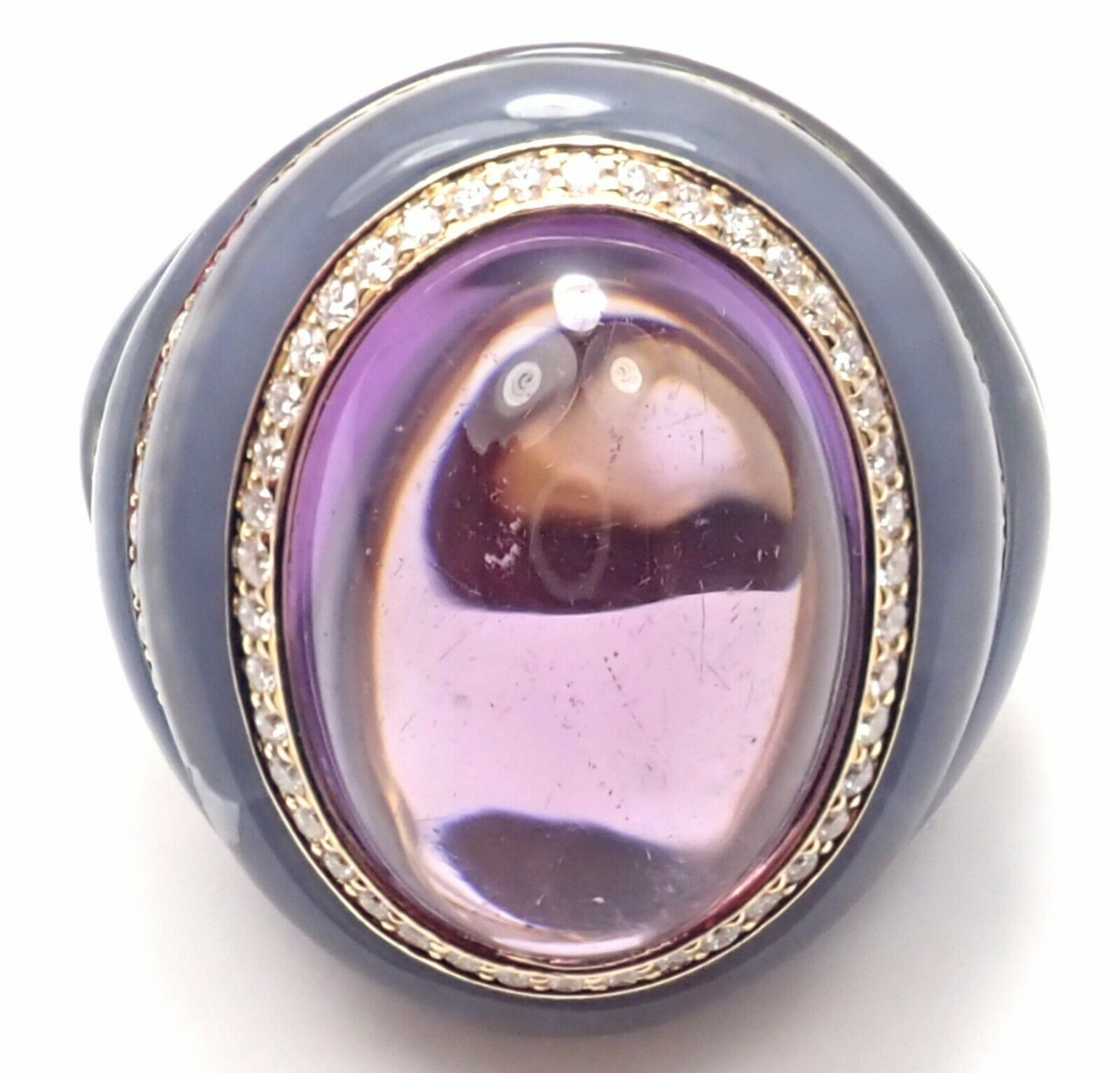 Authentic Bvlgari Bulgari 18k Yellow Gold Diamond Chalcedony Amethyst Large Ring