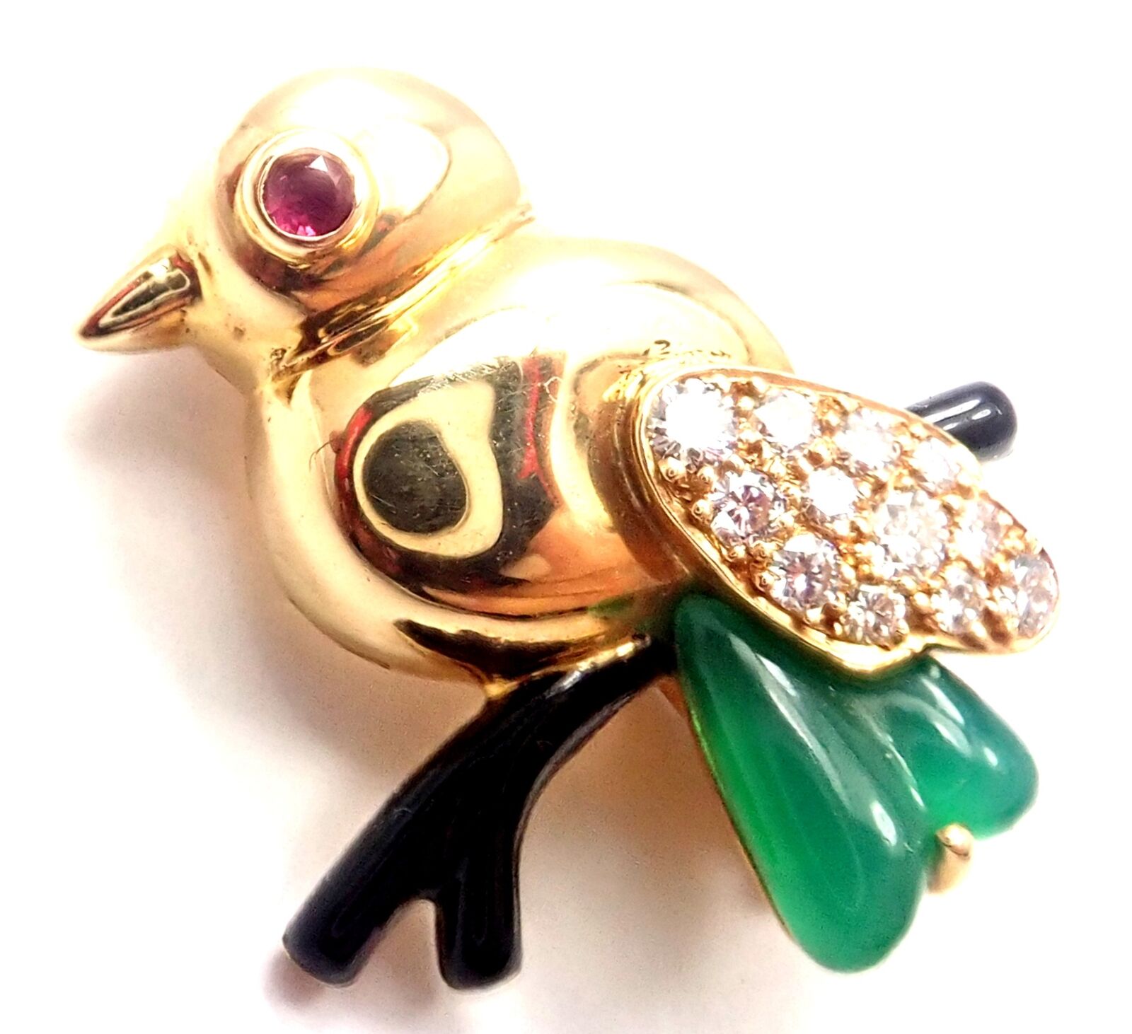 Cartier 18k Yellow Gold Diamond Onyx Ruby Chalcedony Bird Pin Brooch