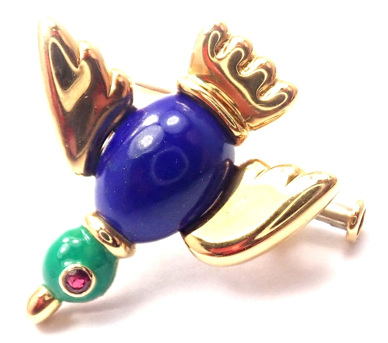 Vintage Cartier 18k Yellow Gold Lapis Lazuli Ruby Bird Pin Brooch