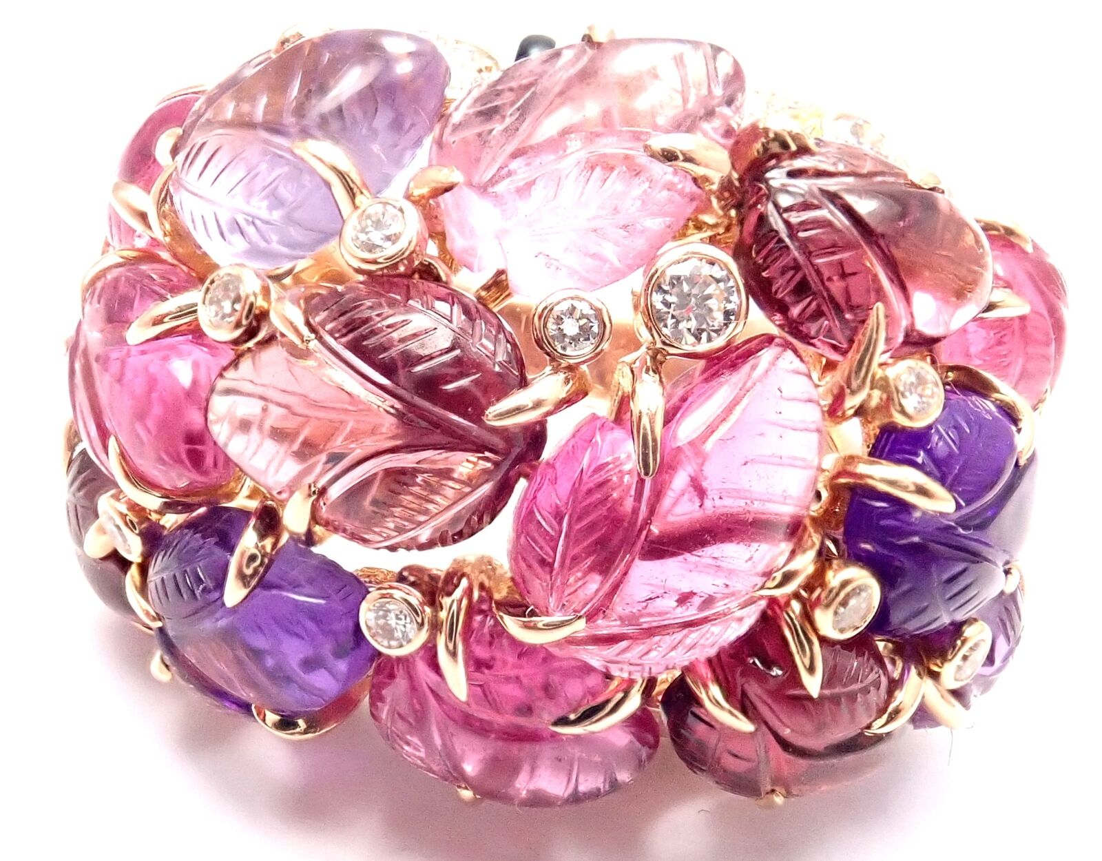 Rare! Authentic Cartier 18k Rose Gold Diamond Carved Rubelite Amethyst Onyx Ring