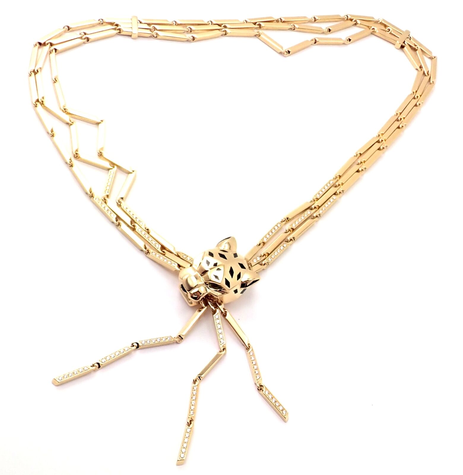 Authentic! Cartier Panther 18k Gold Diamond Peridot Onyx Lacquer Tassel Necklace