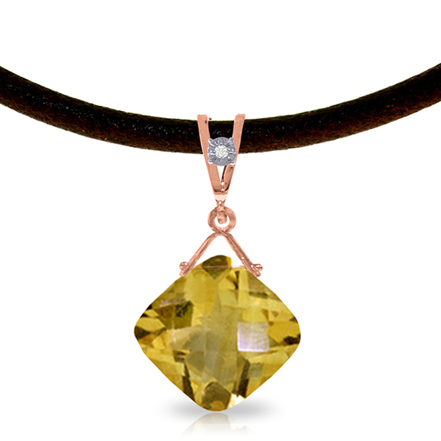 14K Solid Rose Gold  Leather Necklace with Diamond  Citrine