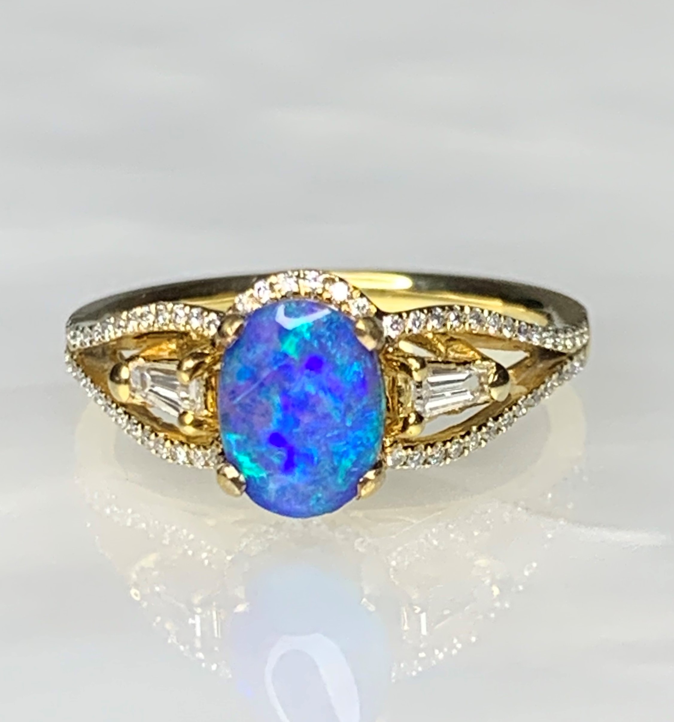 18K Yellow Gold Oval Cut Australian Black Opal Diamond Ring