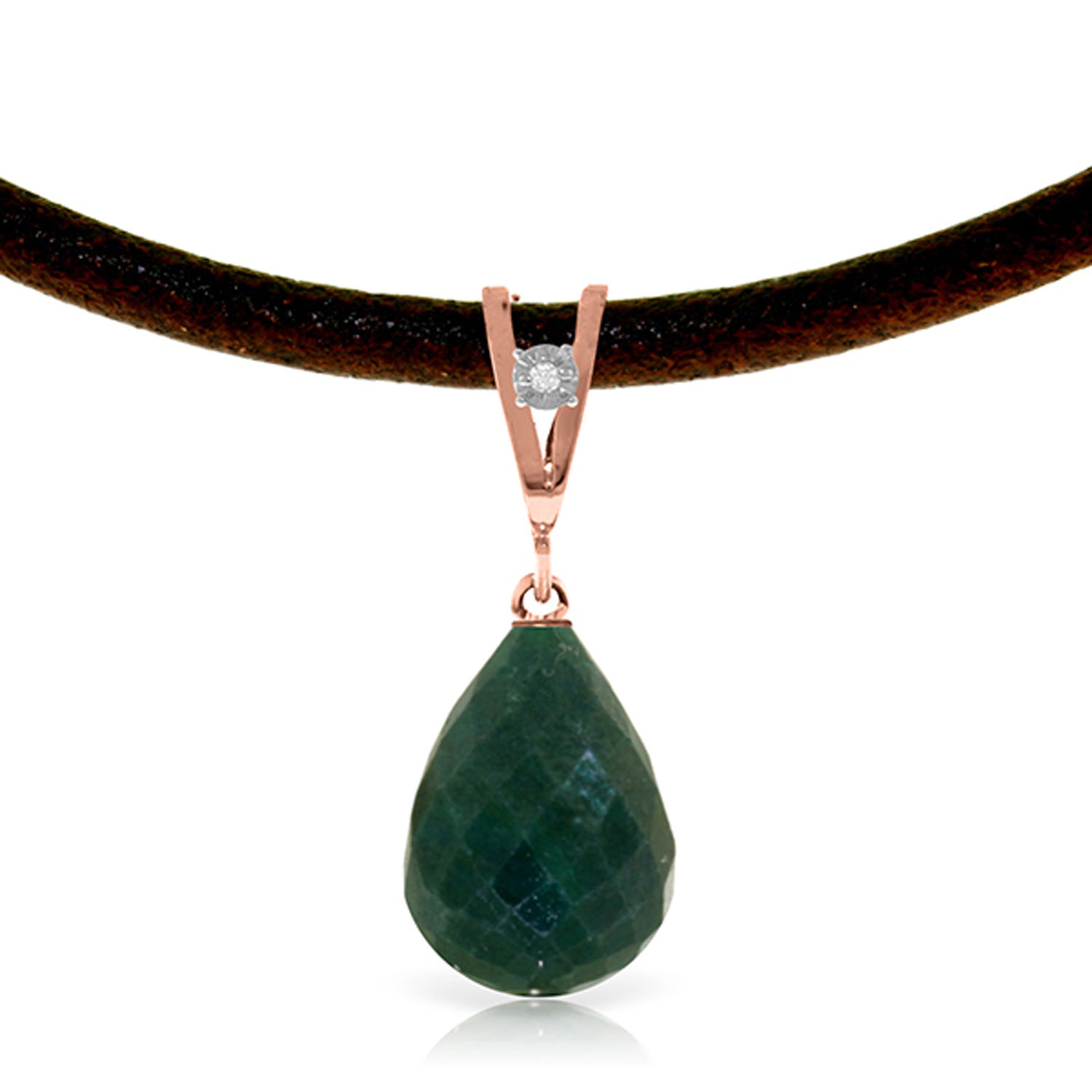14K Solid Rose Gold  Leather Necklace withDiamond  Emerald