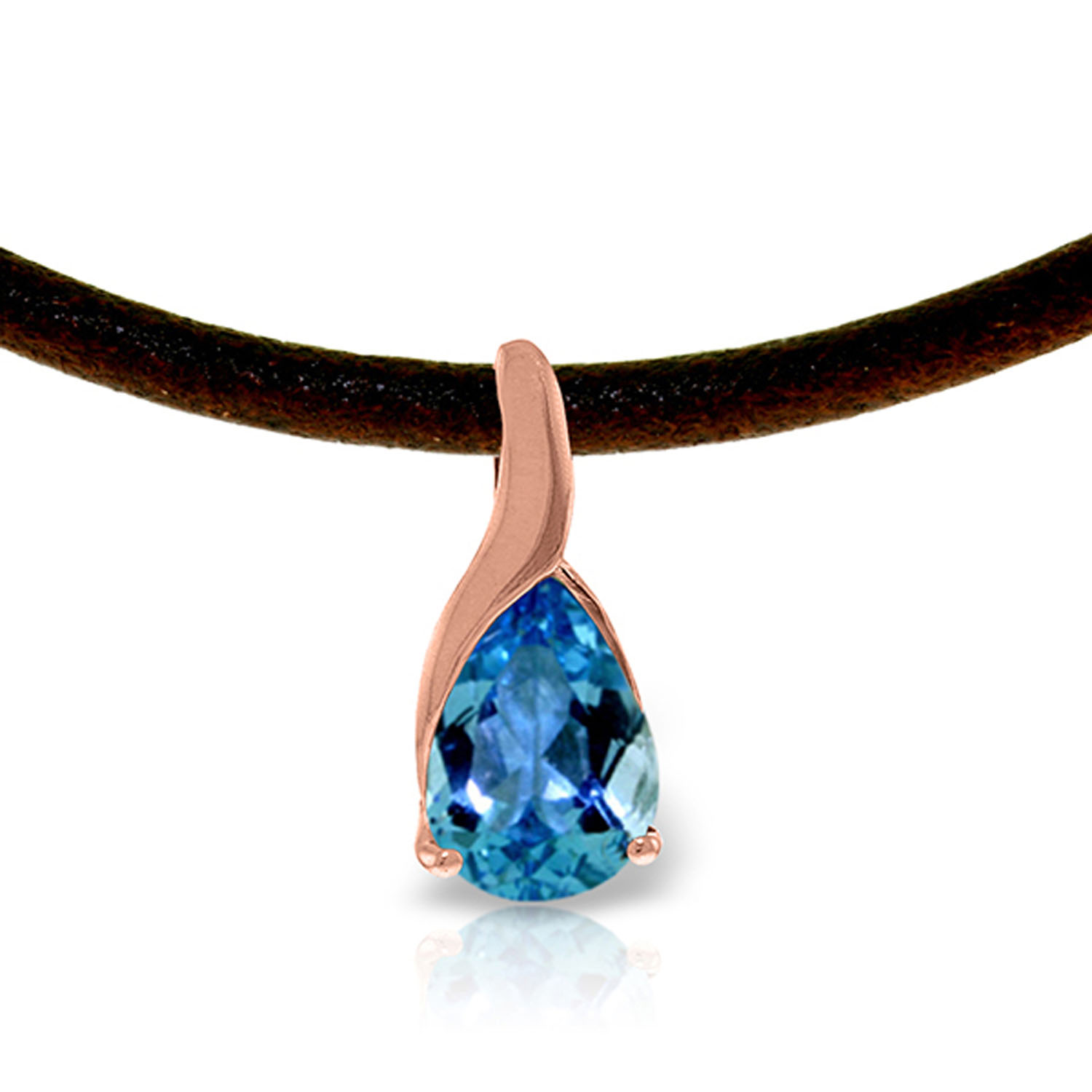 14K Solid Rose Gold  Leather Necklace with Blue Topaz