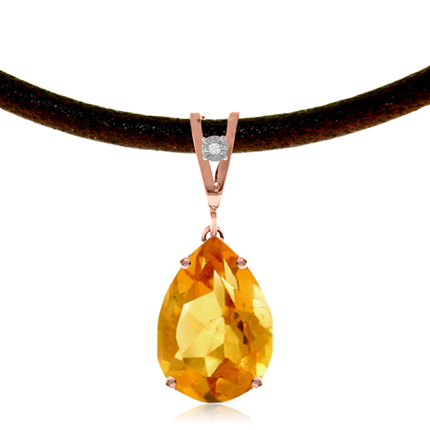 14K Solid Rose Gold Leather Necklace withDiamond Citrine