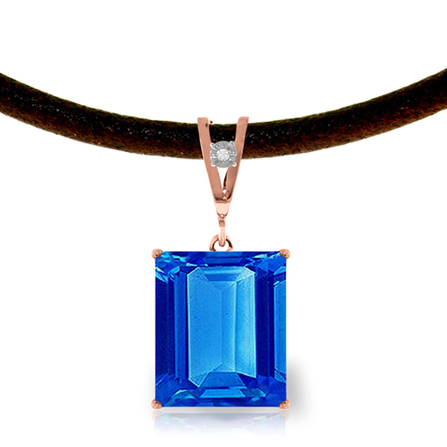 14K Solid Rose Gold  Leather Necklace withDiamond  Blue Topaz