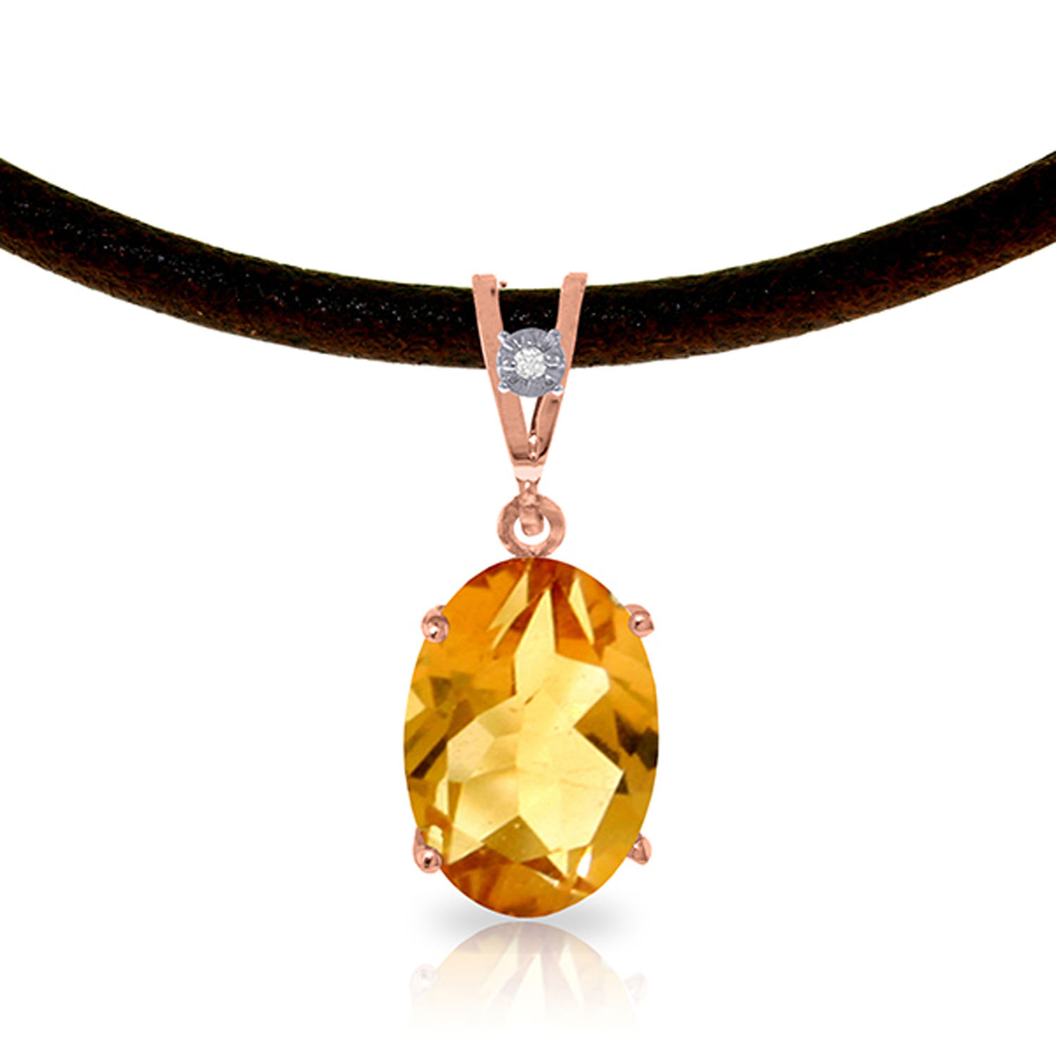 14K Solid Rose Gold  Leather Necklace withDiamond  Citrine