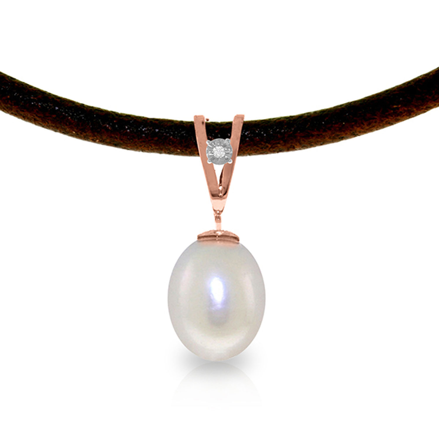 14K Solid Rose Gold Leather Necklace with Diamond Cultured Pearl