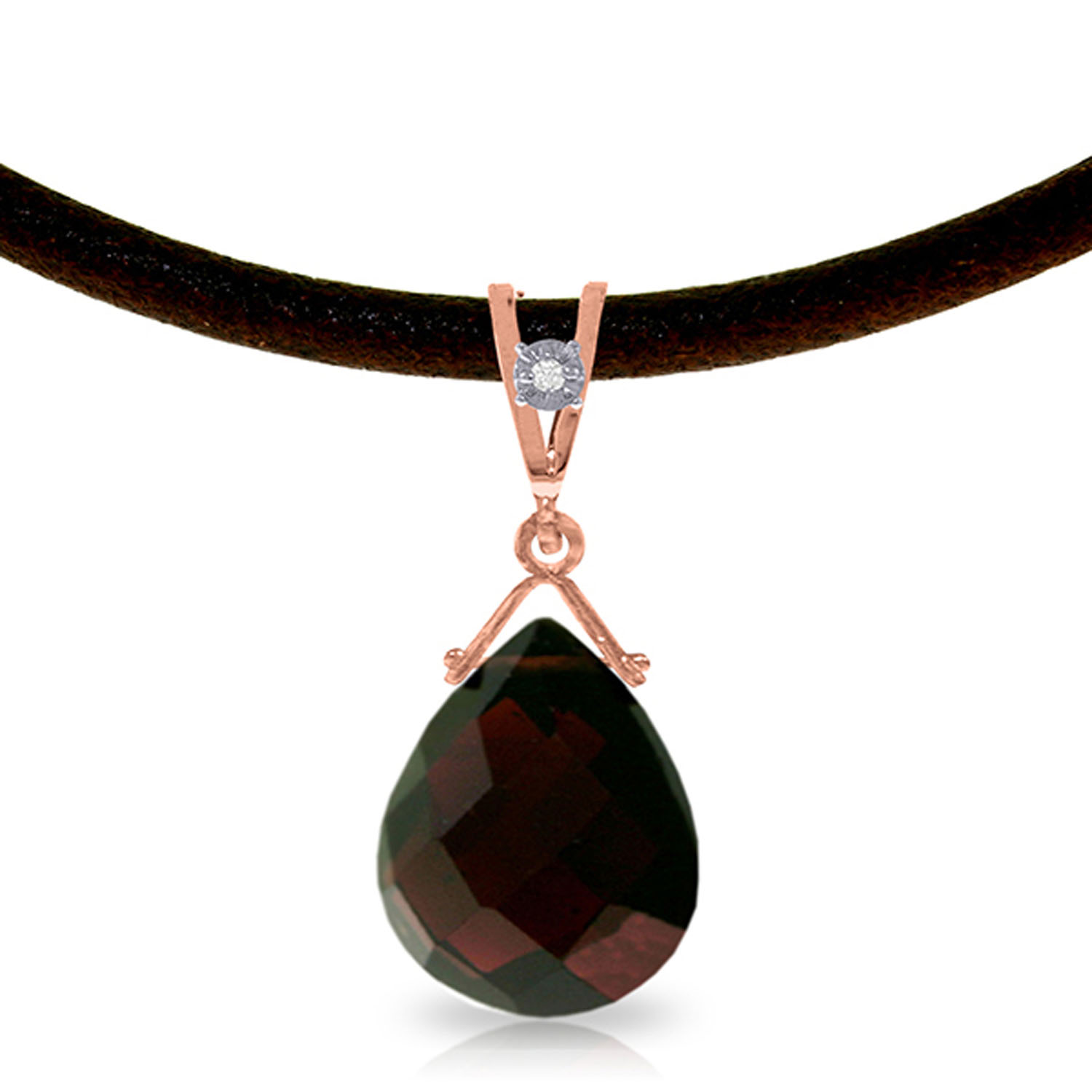 14K Solid Rose Gold  Leather Necklace withDiamond  Garnet