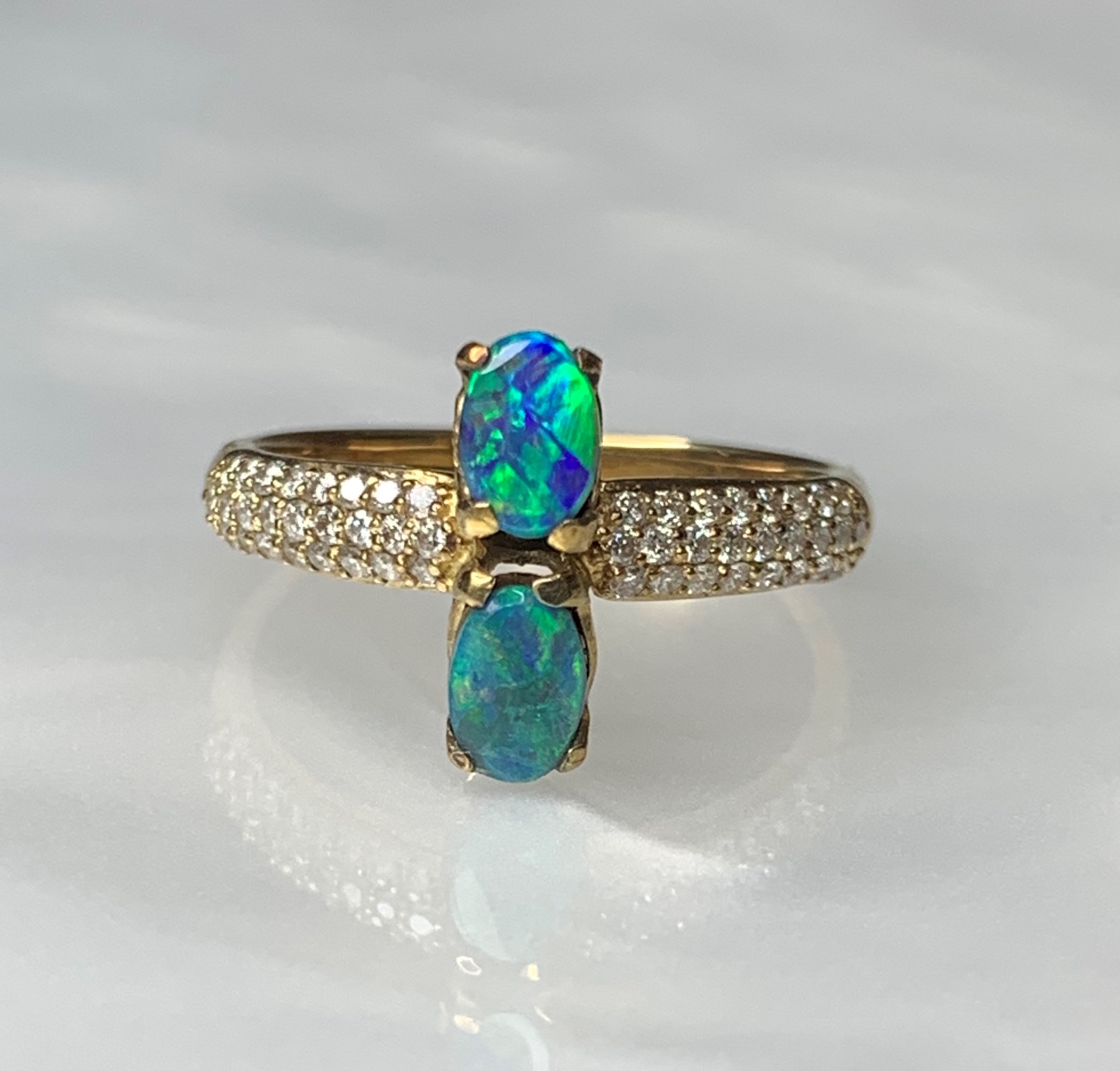 14K Yellow Gold Oval Cut Toi Et Moi Australian Opal Diamond Ring