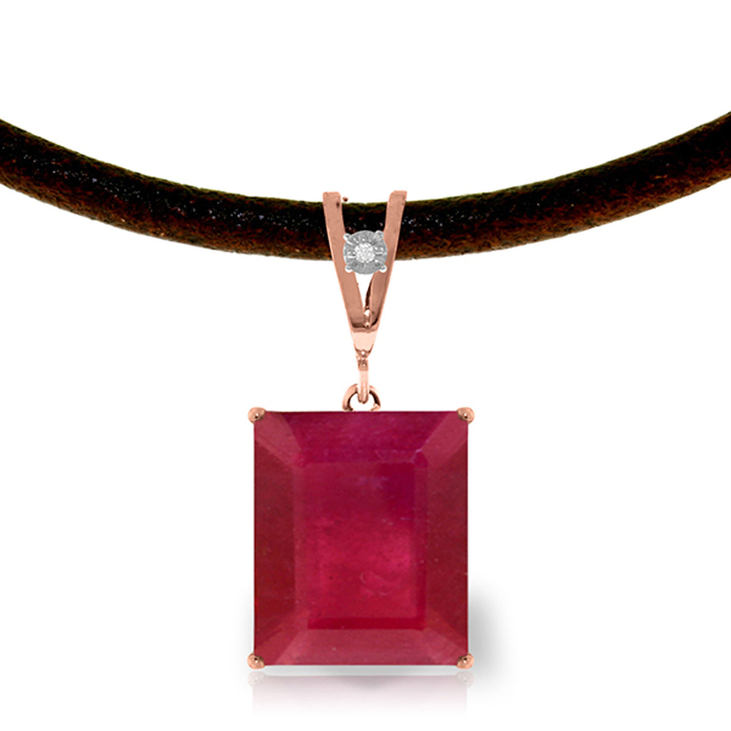 14K Solid Rose Gold  Leather Necklace withDiamond  Ruby