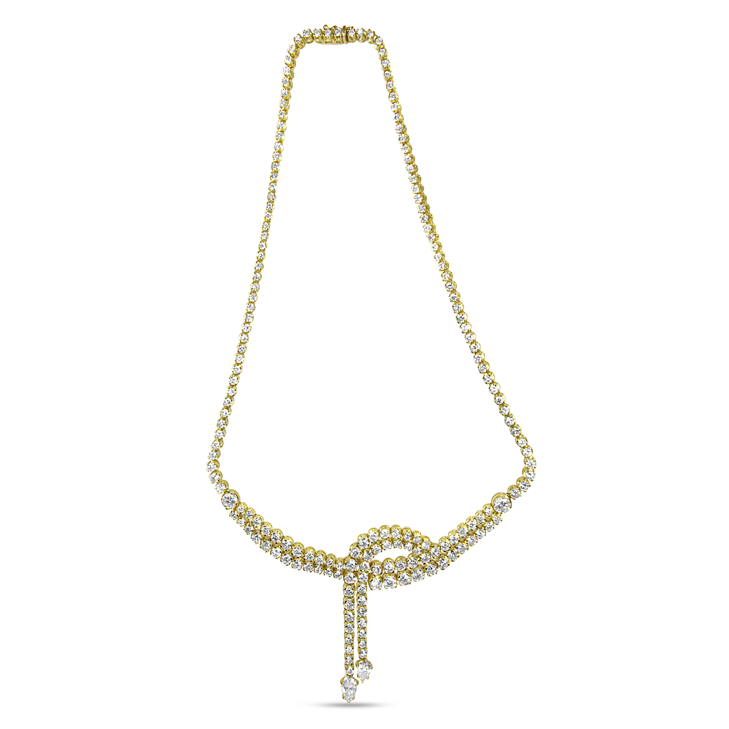 True 14k Yellow Gold 17.0 Cttw Diamond Double Row Lariat 18" Inch Tennis Necklace with Pear Shape Diamond Drop Tips (I-J Color, VS2-SI1 Clarity)