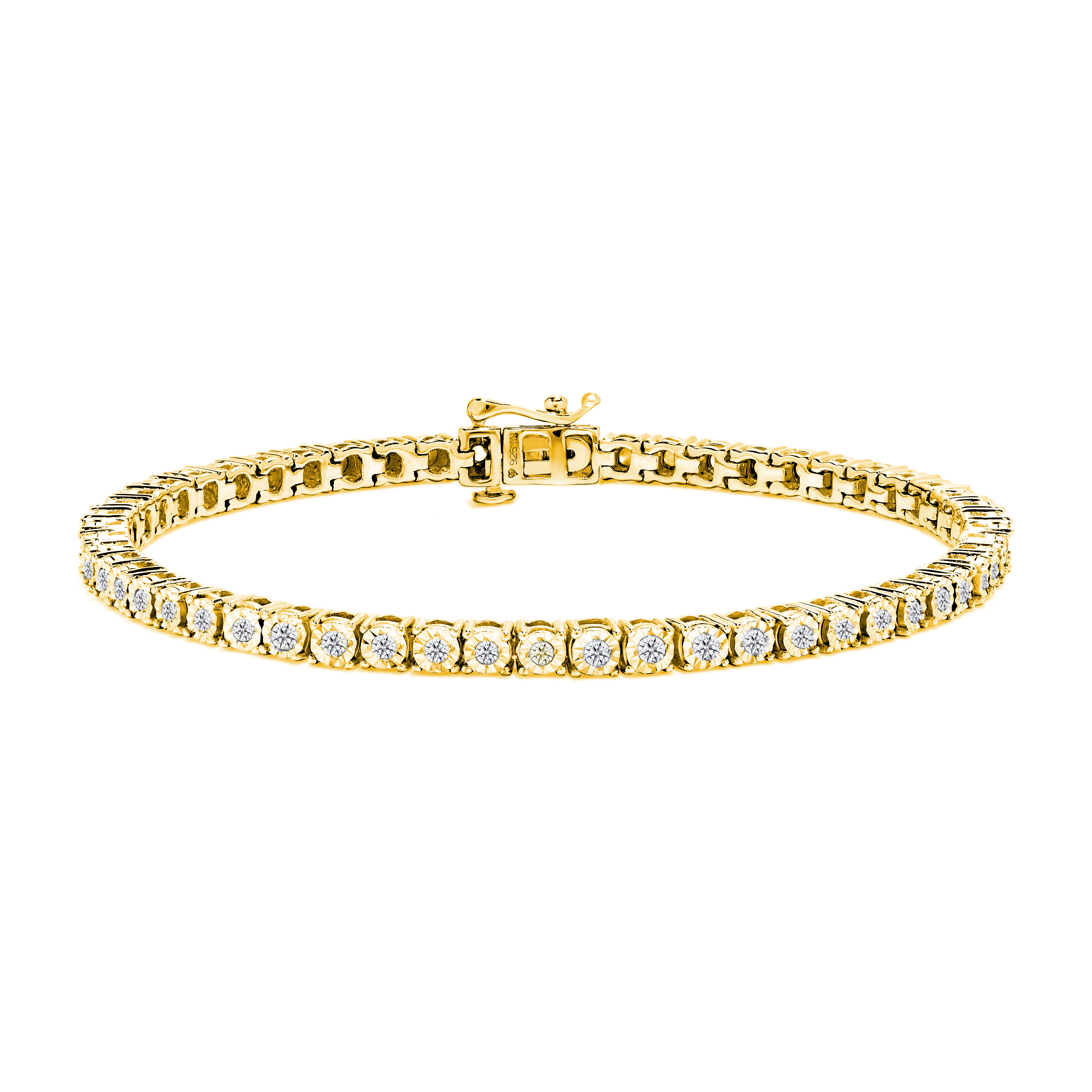 True 10K Yellow Gold Plated .925 Sterling Silver 1.0 Cttw Miracle-Set Diamond Round Faceted Bezel Tennis Bracelet (I-J Color, I3 claritys
) - 9"