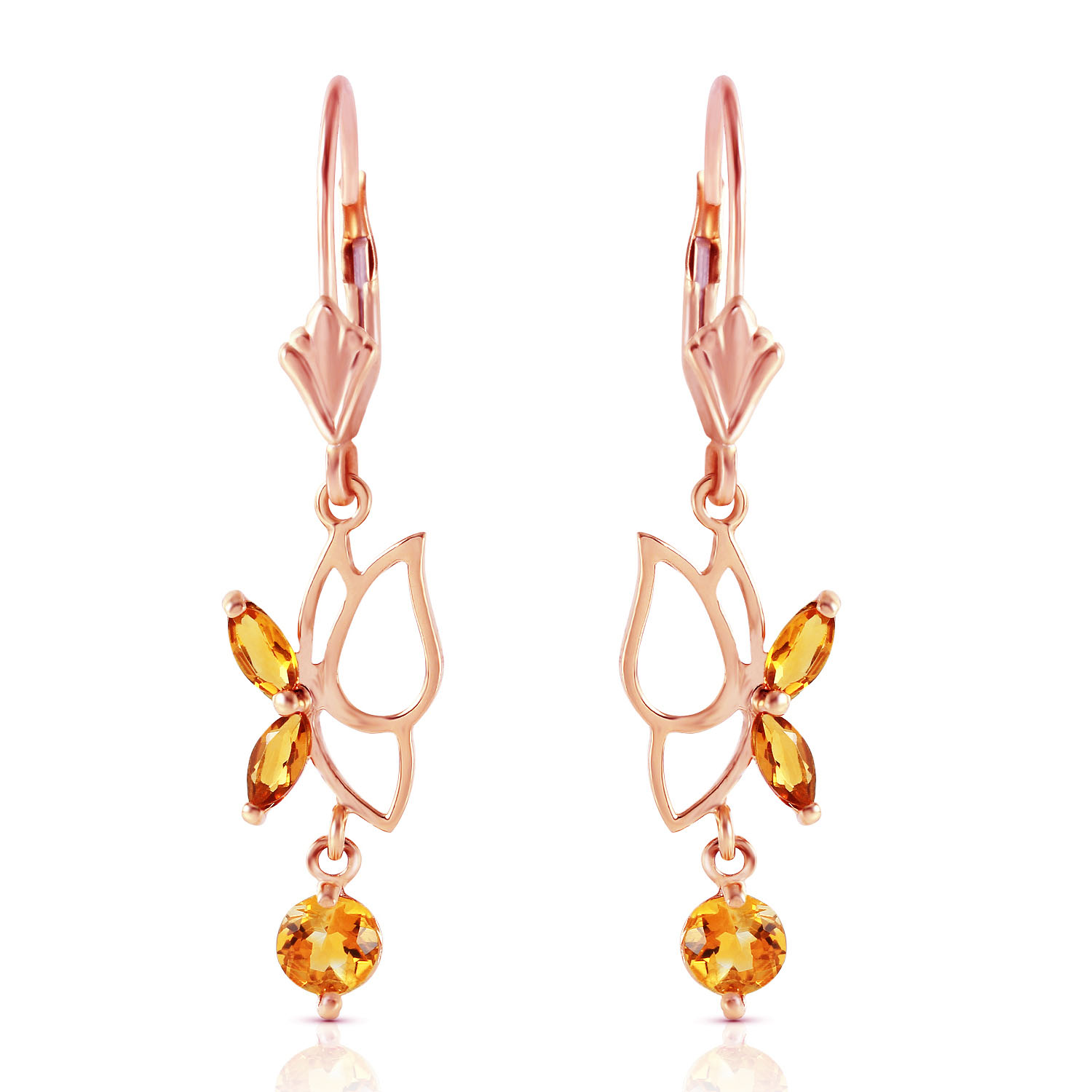 14K Solid Rose Gold Butterfly Earrings with Citrines