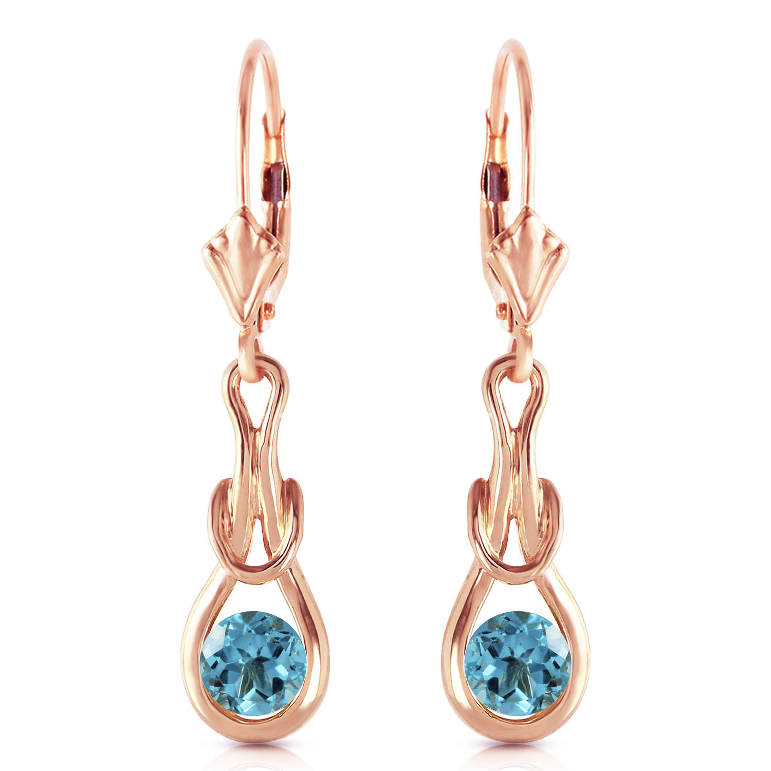 14K Solid Rose Gold Leverback Earrings with Natural Blue Topaz