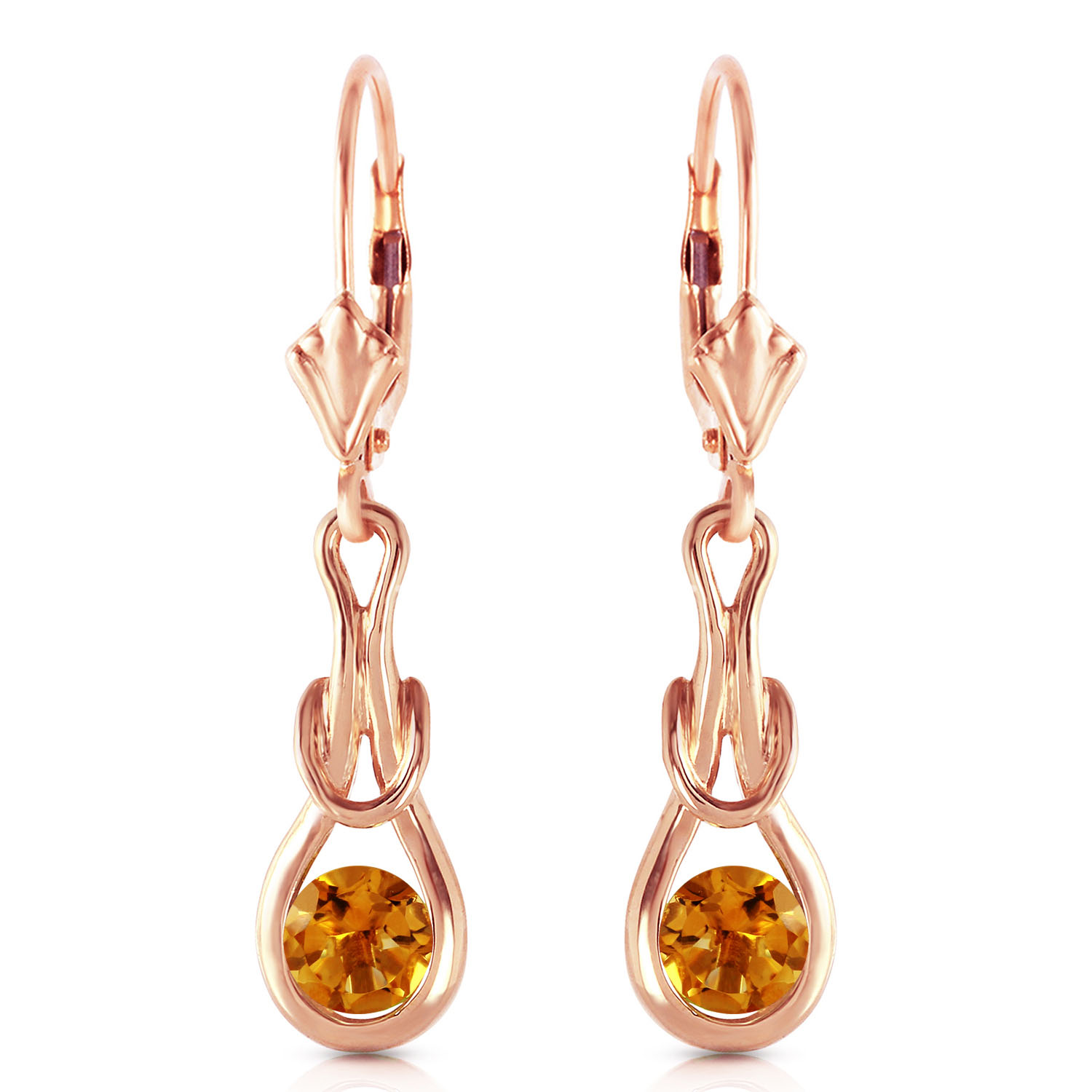 14K Solid Rose Gold Leverback Earrings with Natural Citrines