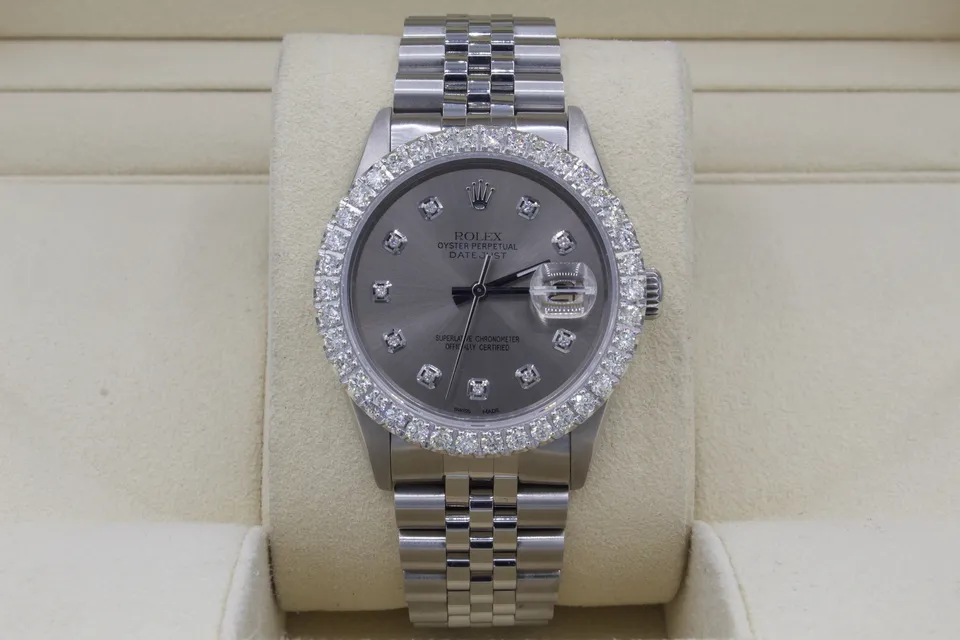 Rolex Datejust 36mm Custom 3ct VS Diamond Bezel  Grey Dial S/S Quickset
