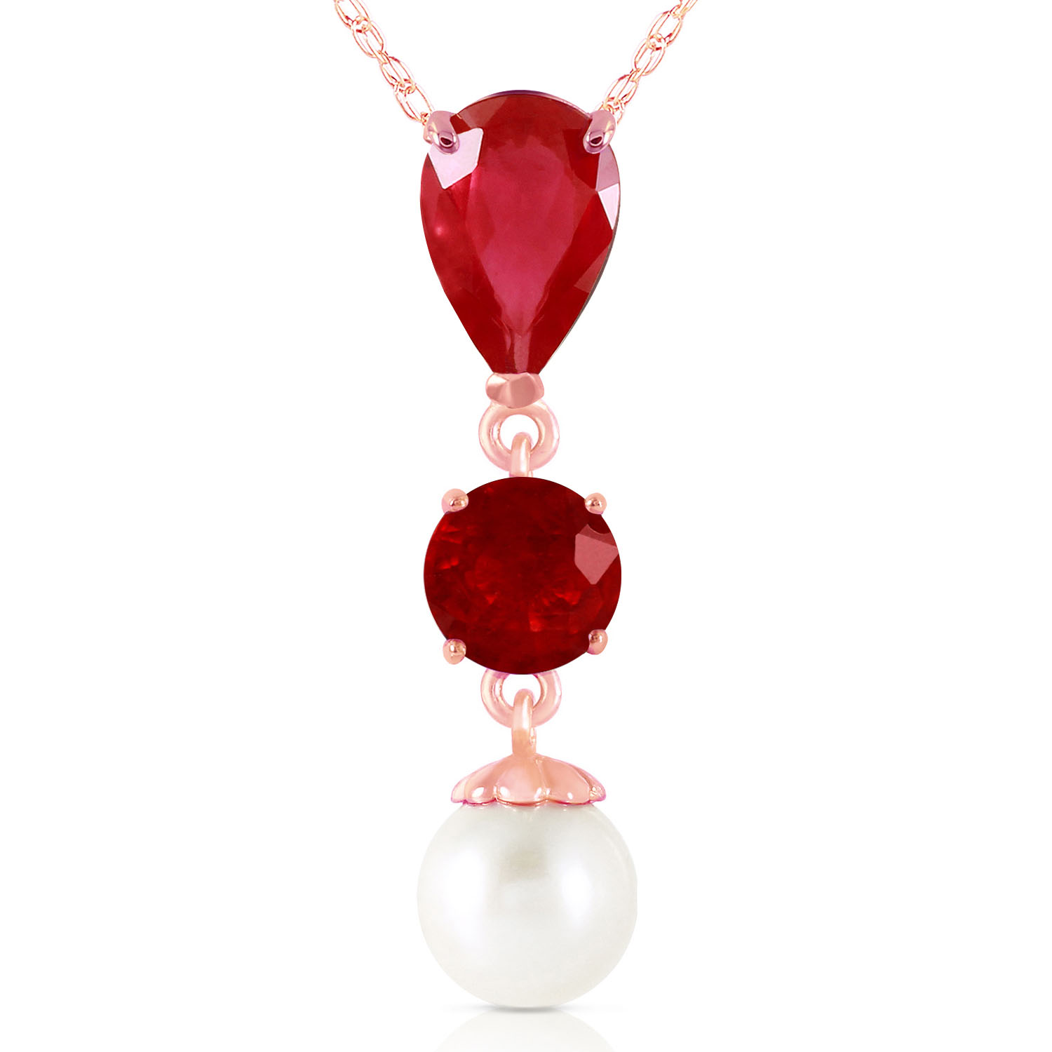 14K Solid Rose Gold Necklace with Rubies  Cultured Pearl