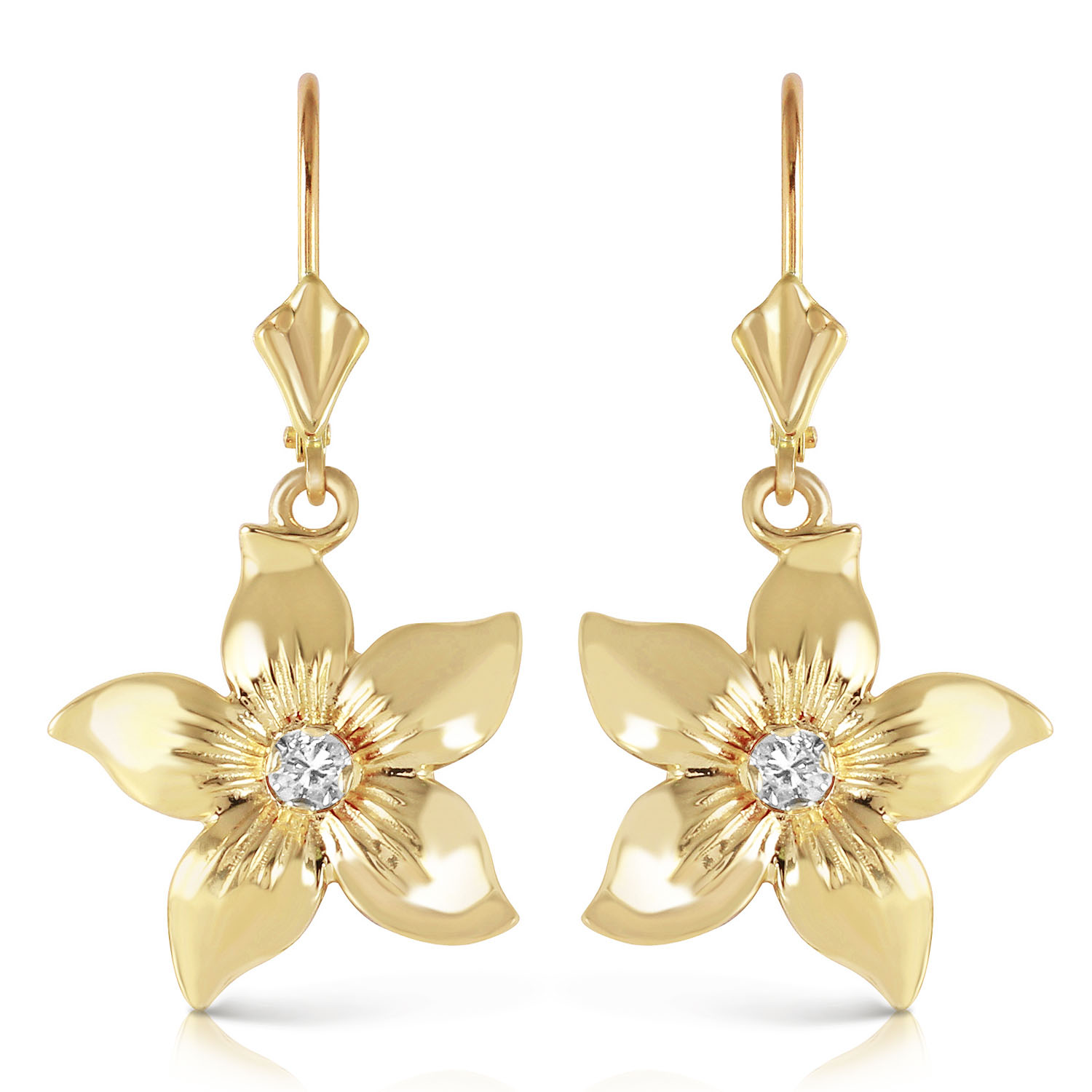 14K Solid Gold Leverback Flowers Earrings Diamond