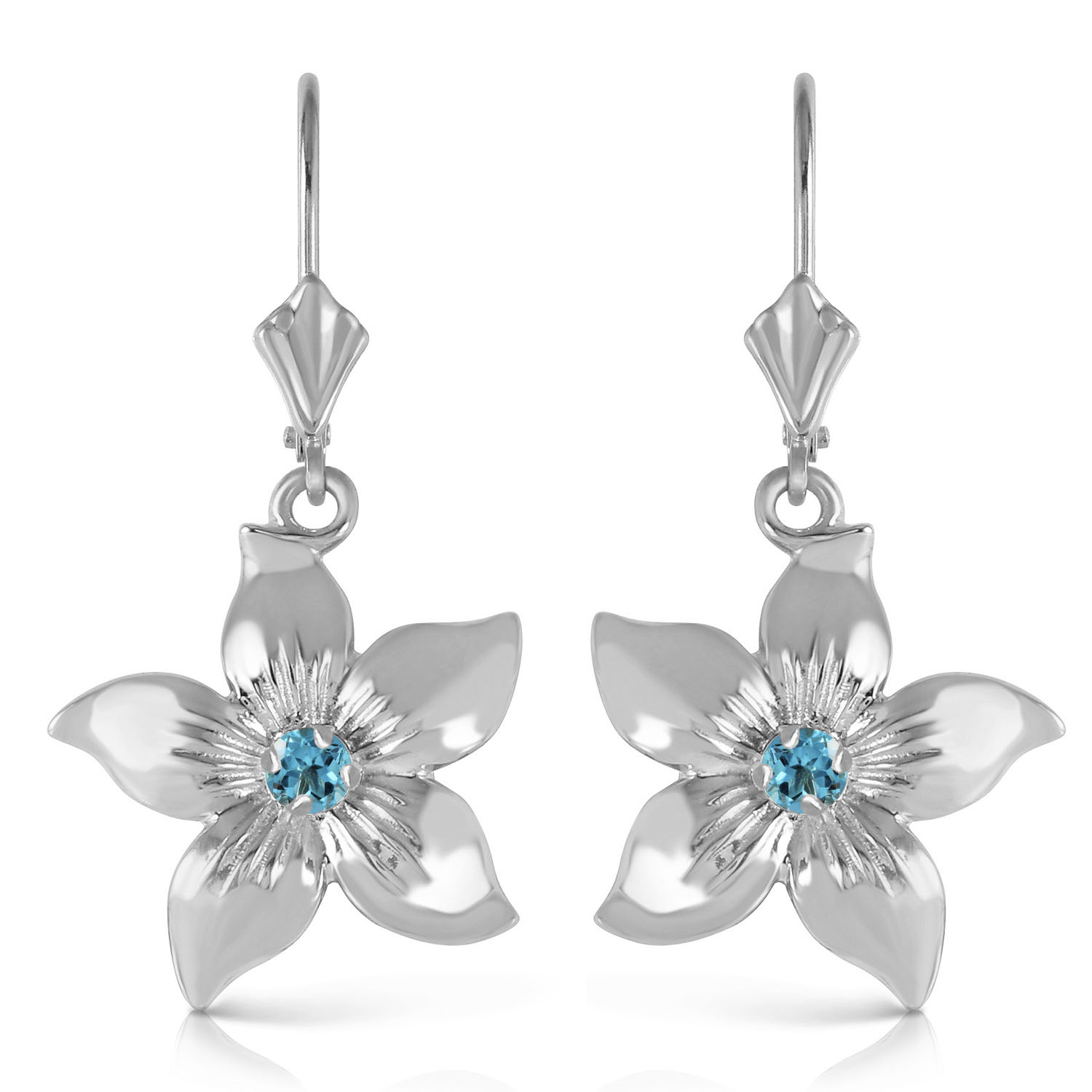 0.2 CTW 14K Solid White Gold Leverback Flowers Earrings Blue Topaz