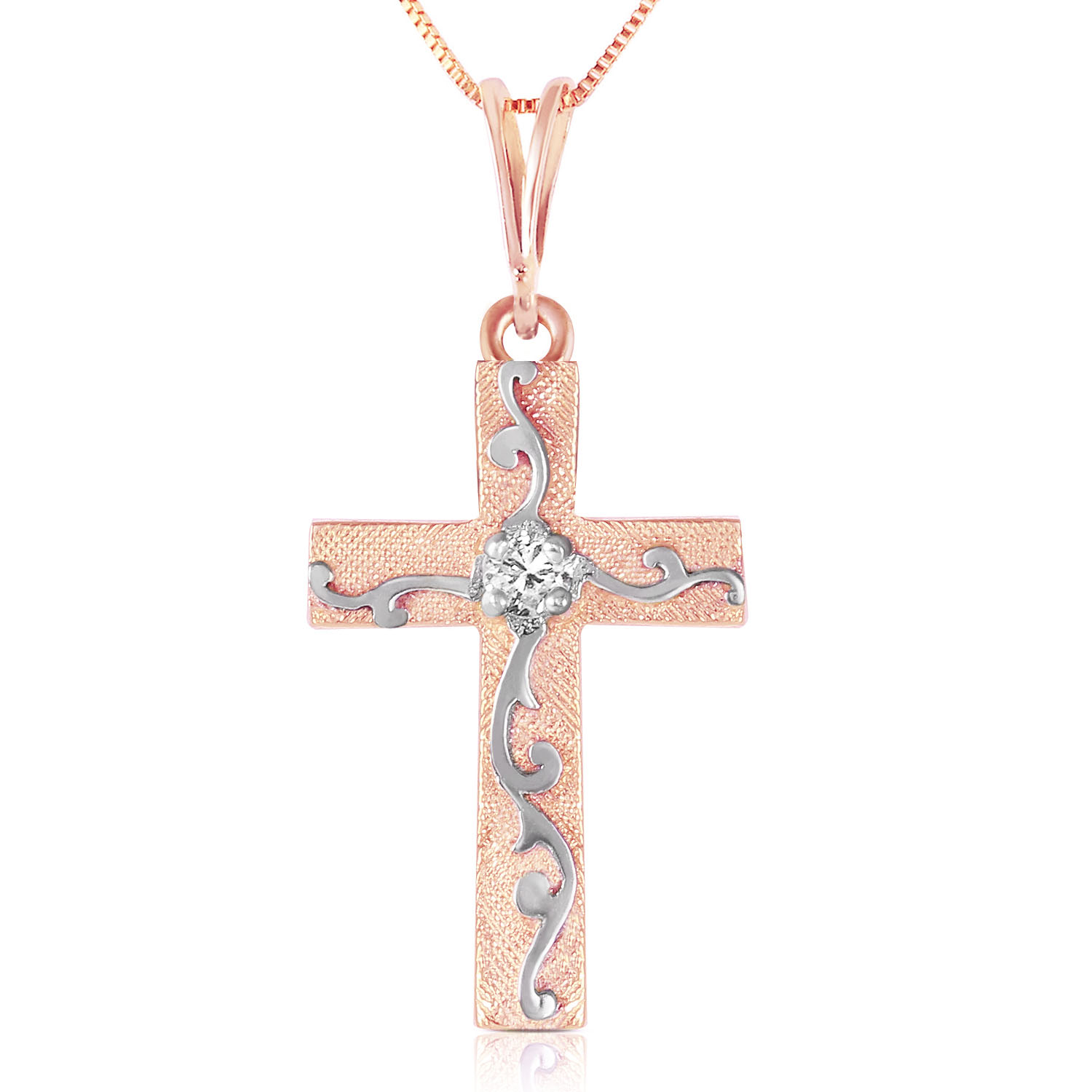 14K Solid Rose Gold Cross Necklace withNatural Diamond