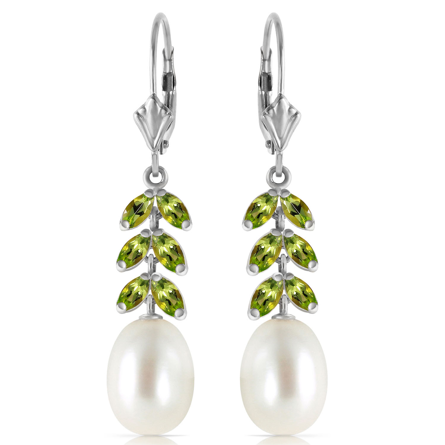 9.2 CTW 14K Solid White Gold Time Together Peridot Cultured Pearl Earrings