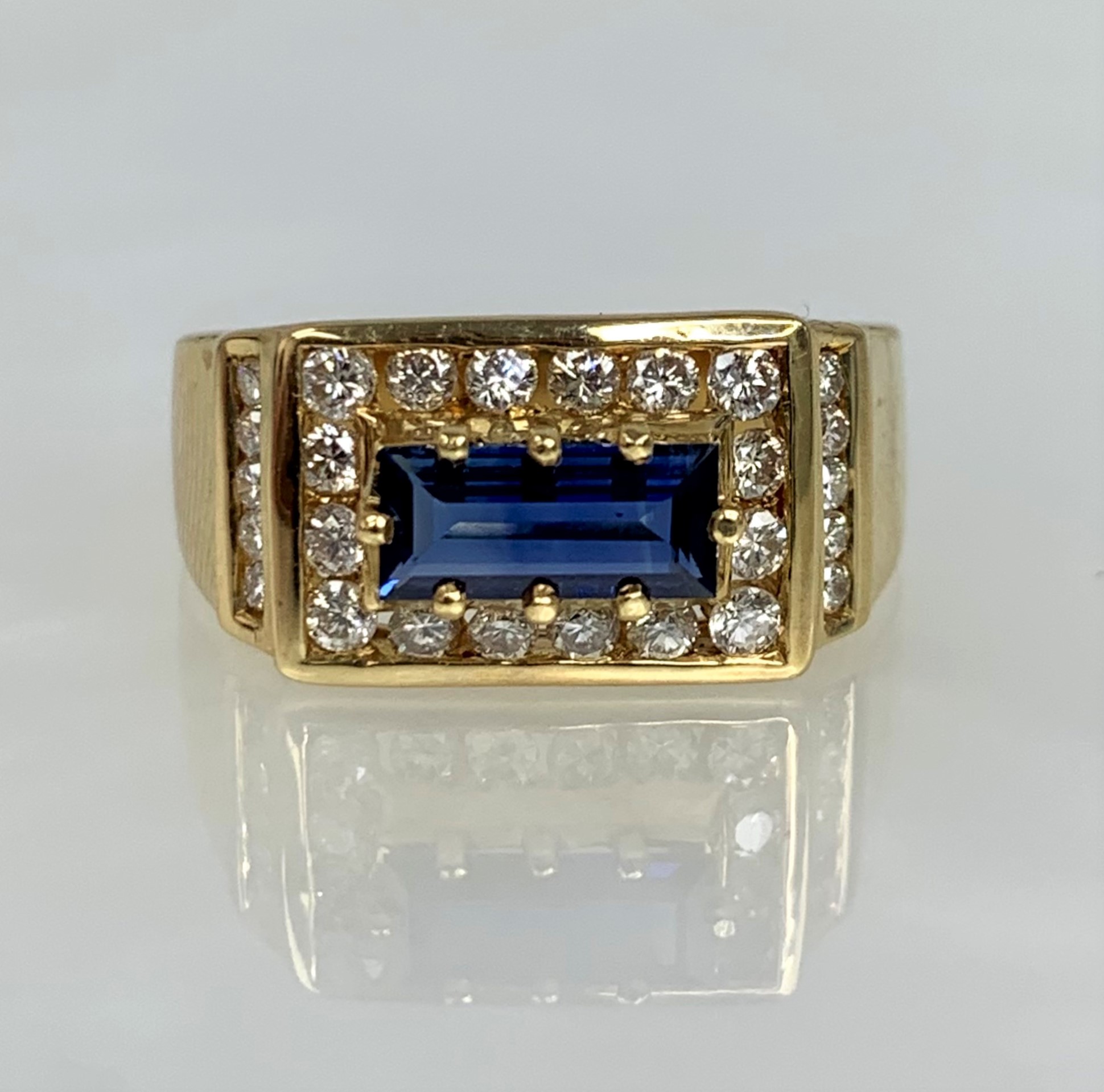 18K Yellow Gold Emerald Cut Blue Sapphire Diamond Ring