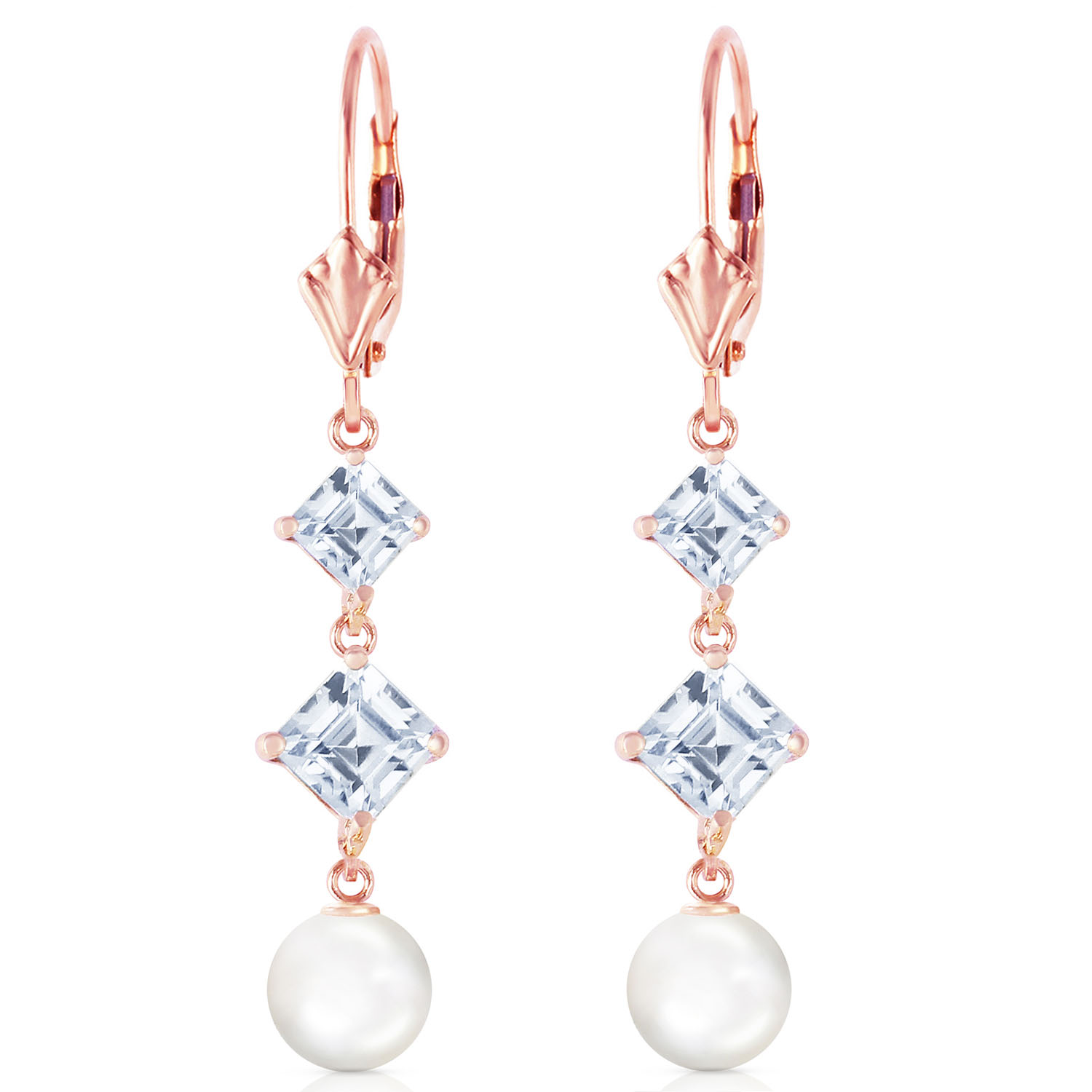 14K Solid Rose Gold Chandelier Earrings with Aquamarines  Cultured Pearls