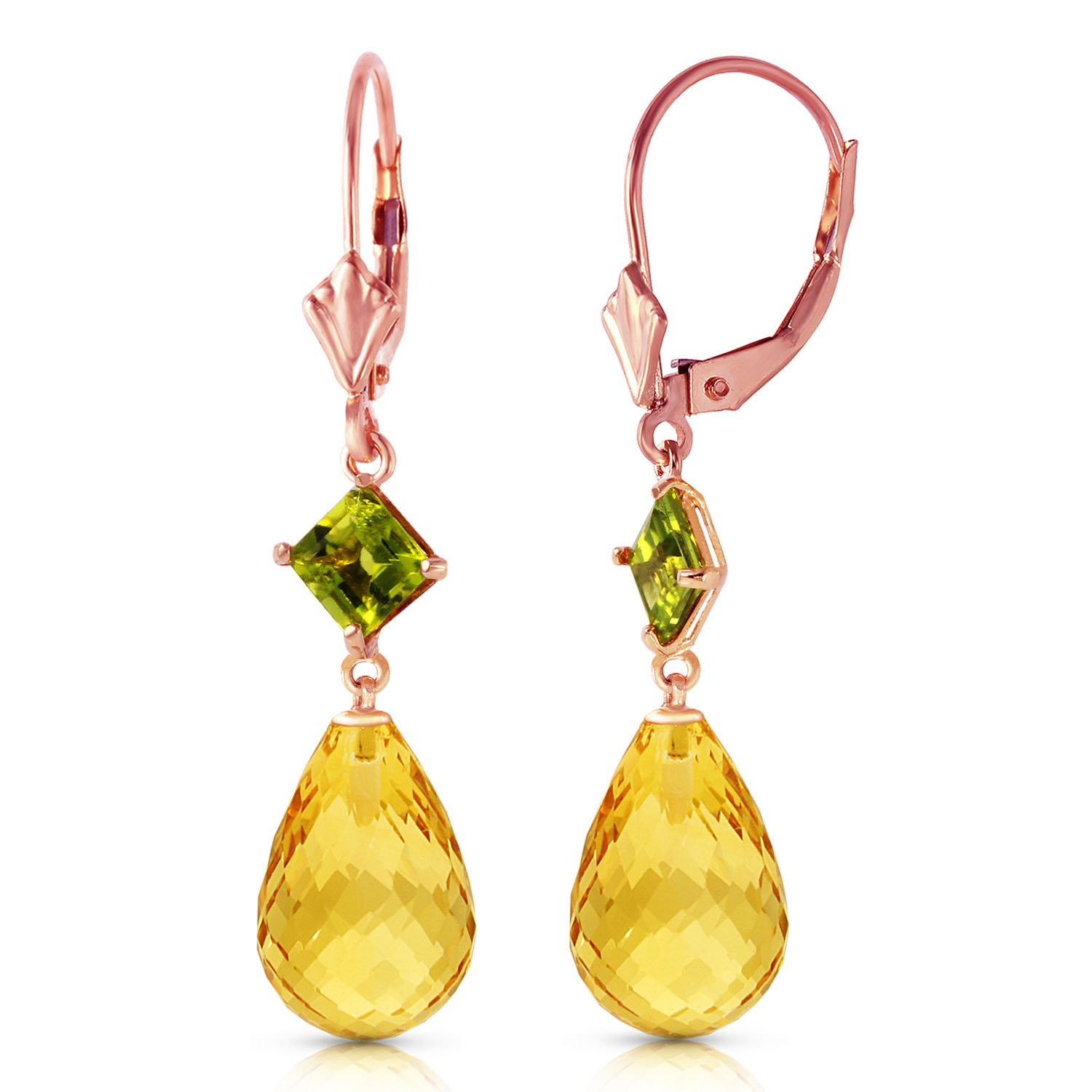 14K Solid Rose Gold Leverback Earrings with Peridots  Citrines