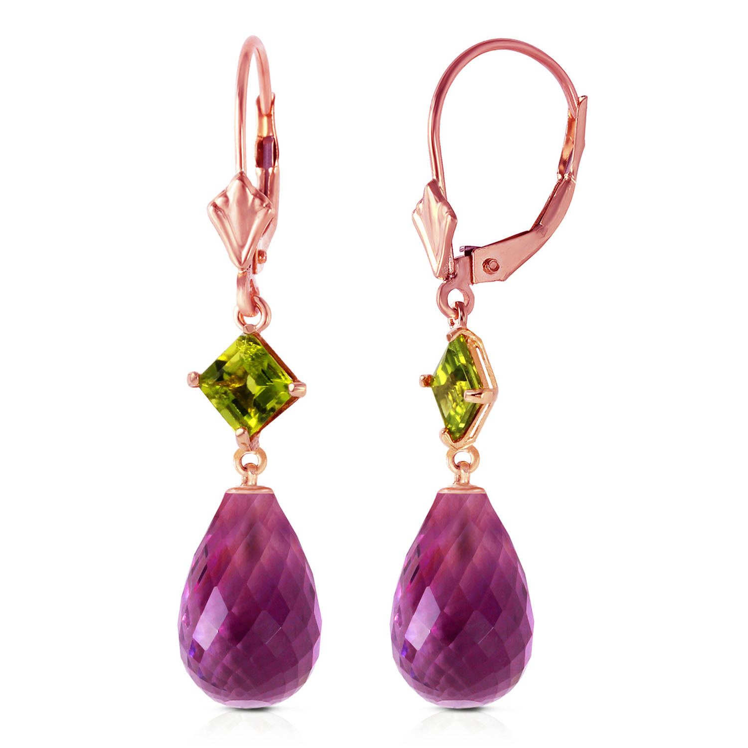 14K Solid Rose Gold Leverback Earrings with Peridots  Amethysts