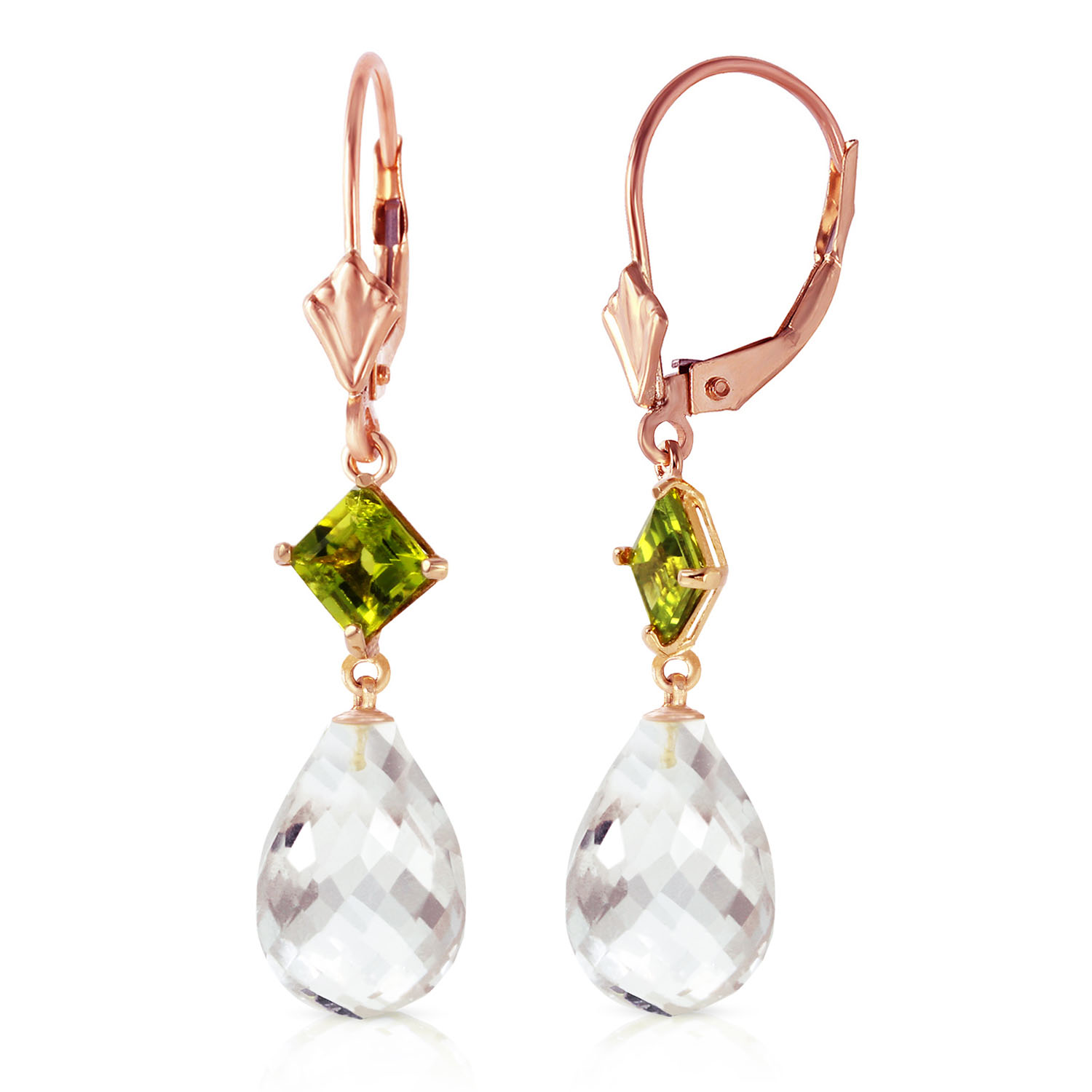 14K Solid Rose Gold Leverback Earrings with Peridot  Rose Topaz