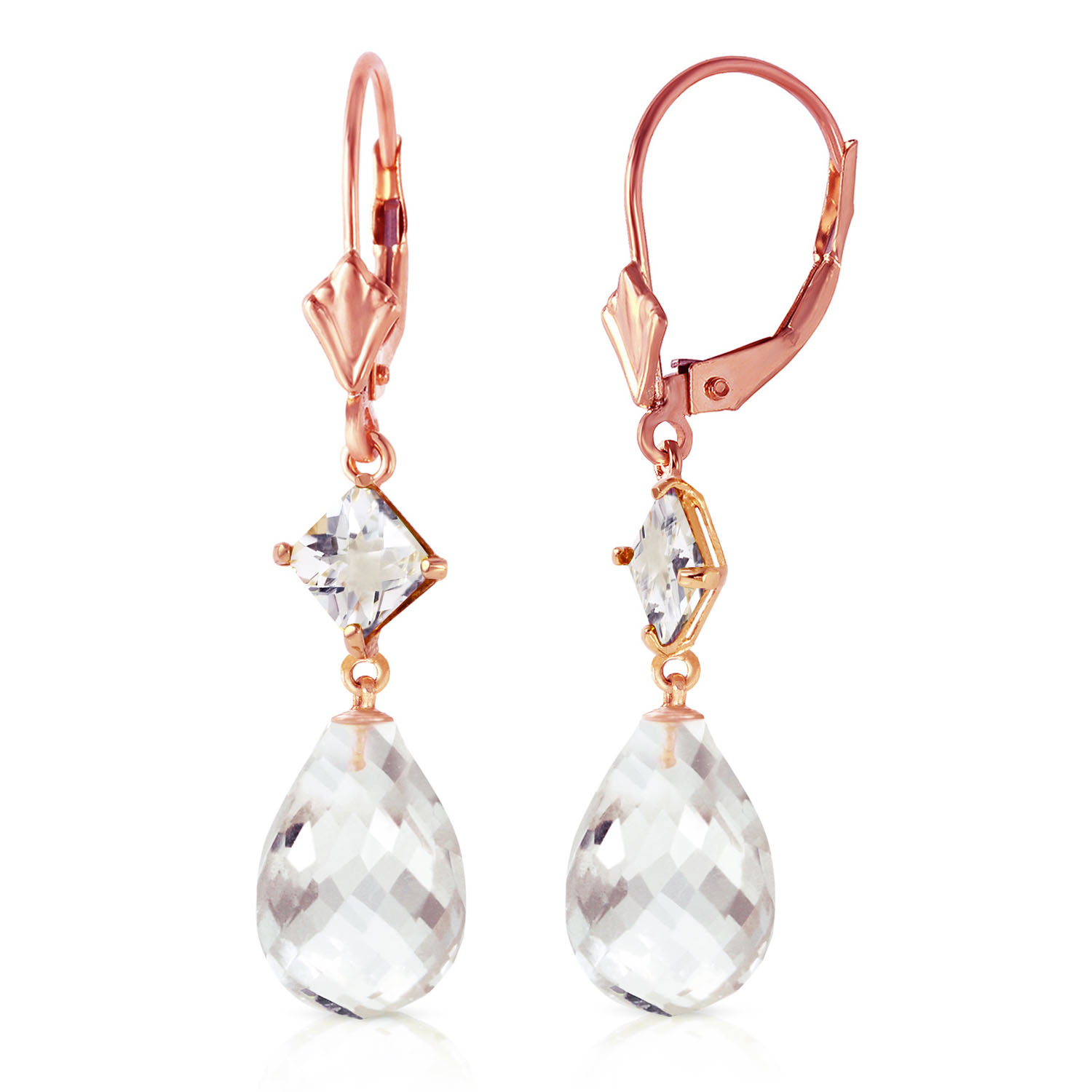 14K Solid Rose Gold Leverback Earrings with White Topaz
