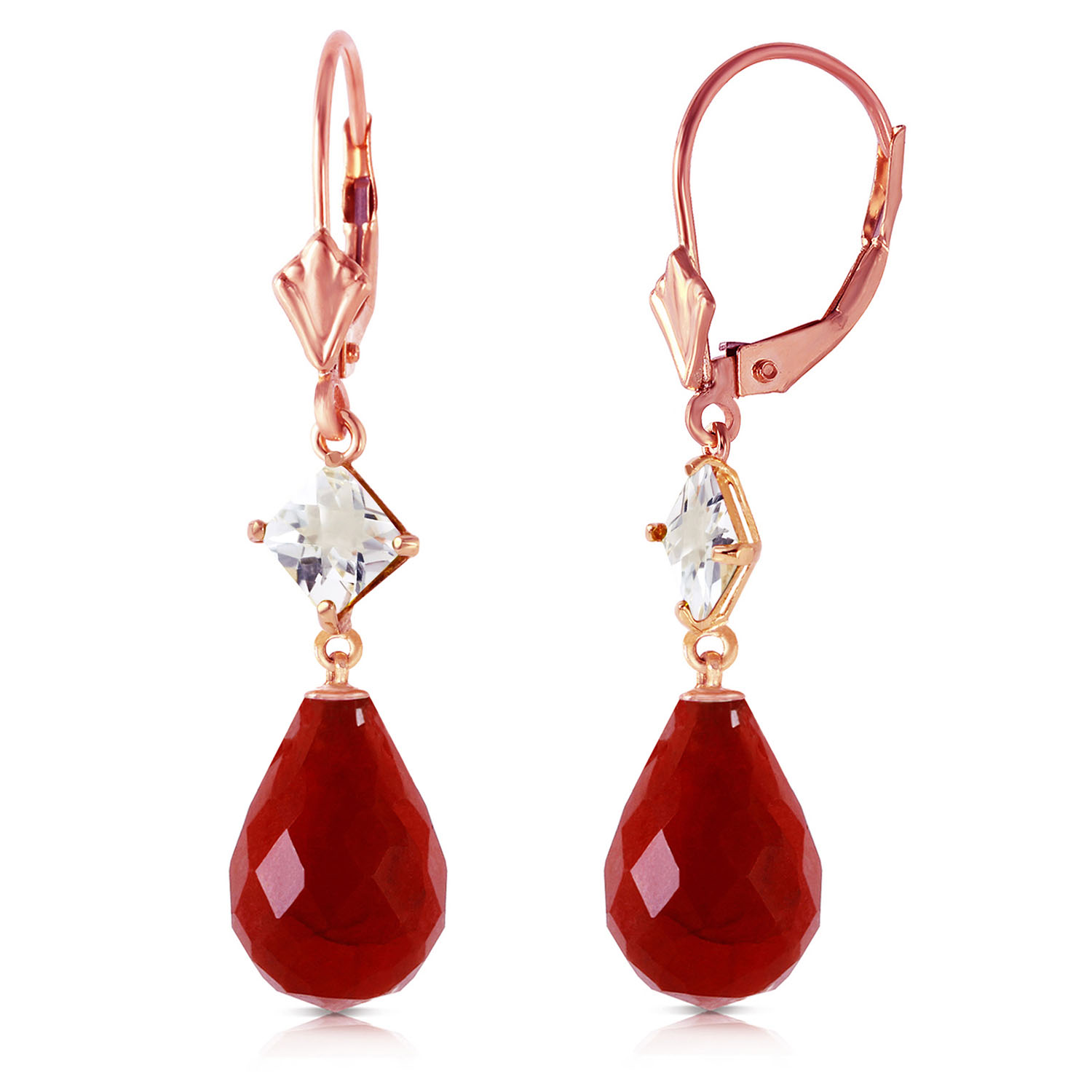 14K Solid Rose Gold Leverback Earrings with Rose Topaz  Ruby