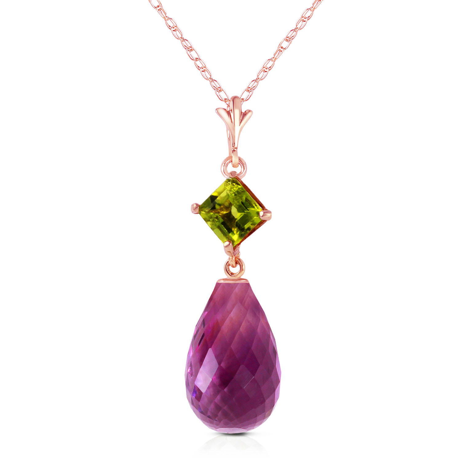 14K Solid Rose Gold Necklace with Peridot  Purple Amethyst