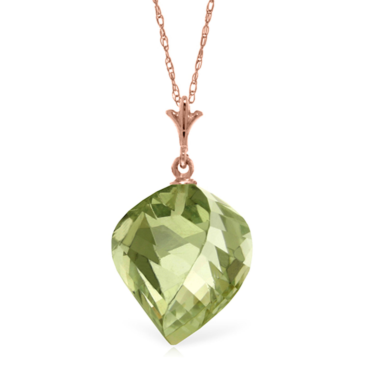 13 CTW 14K Solid Rose Gold Necklace Twisted Briolette Green Amethyst