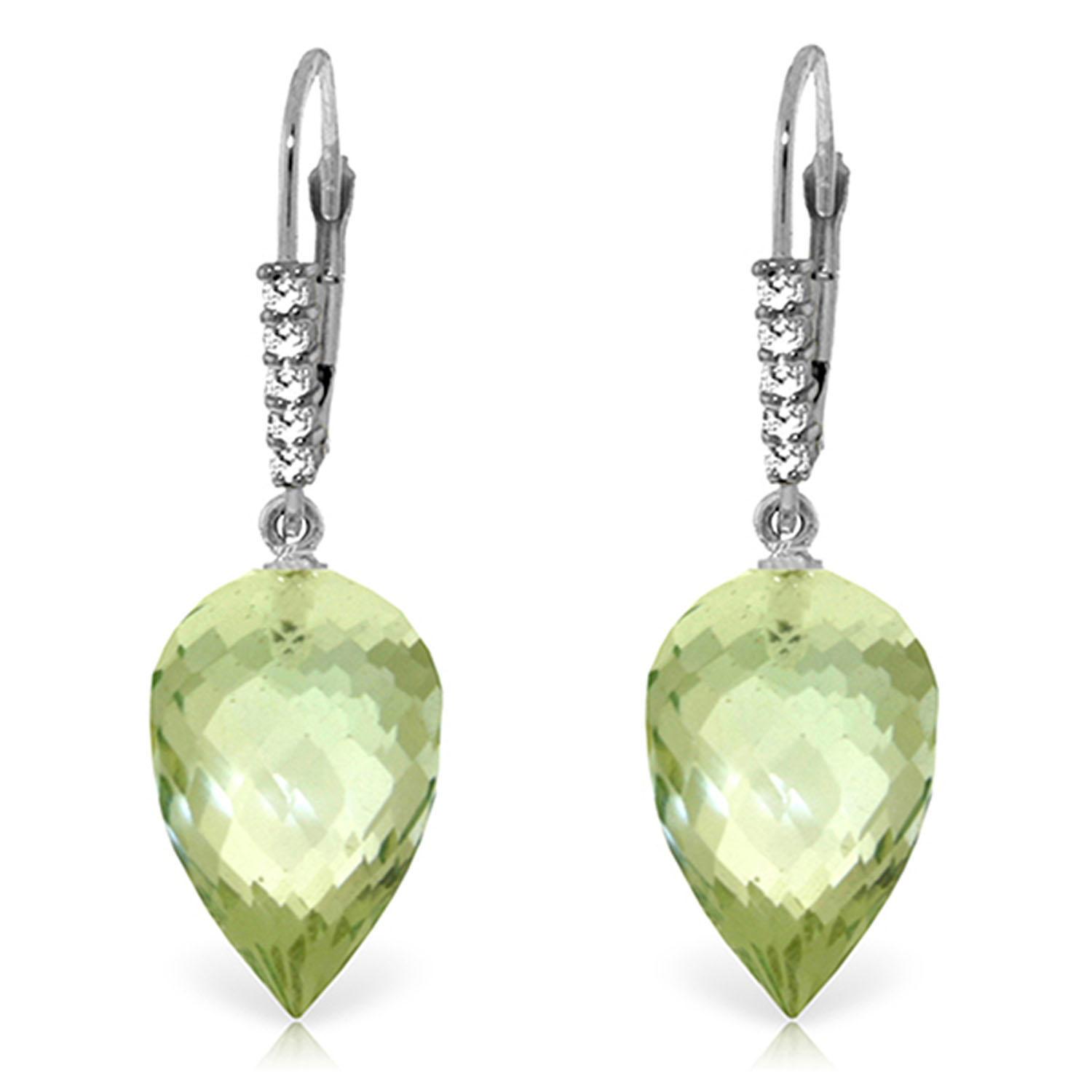 19.15 CTW 14K Solid White Gold Drop Briolette Green Amethyst Diamond Earrings