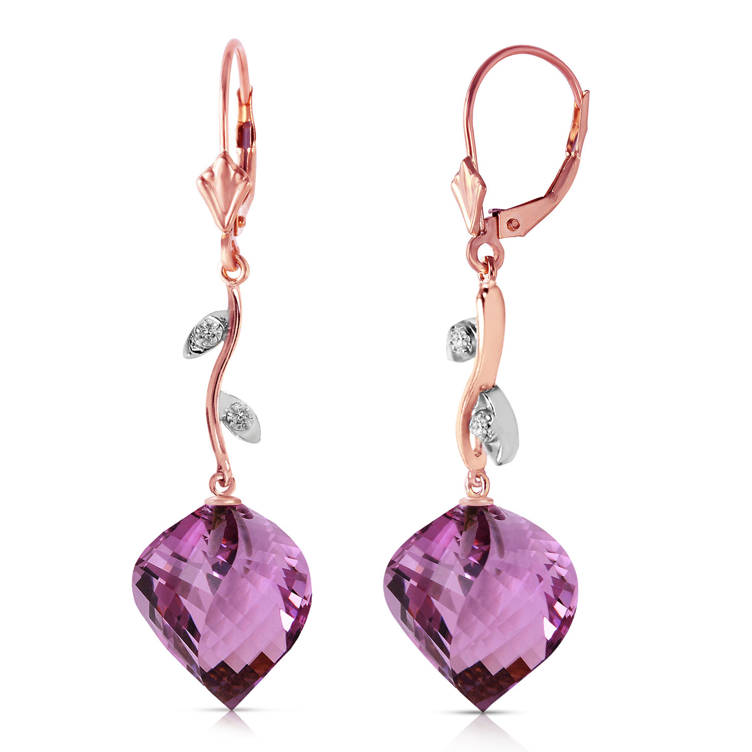 21.52 CTW 14K Solid Rose Gold Diamond Spiral Amethyst Earrings