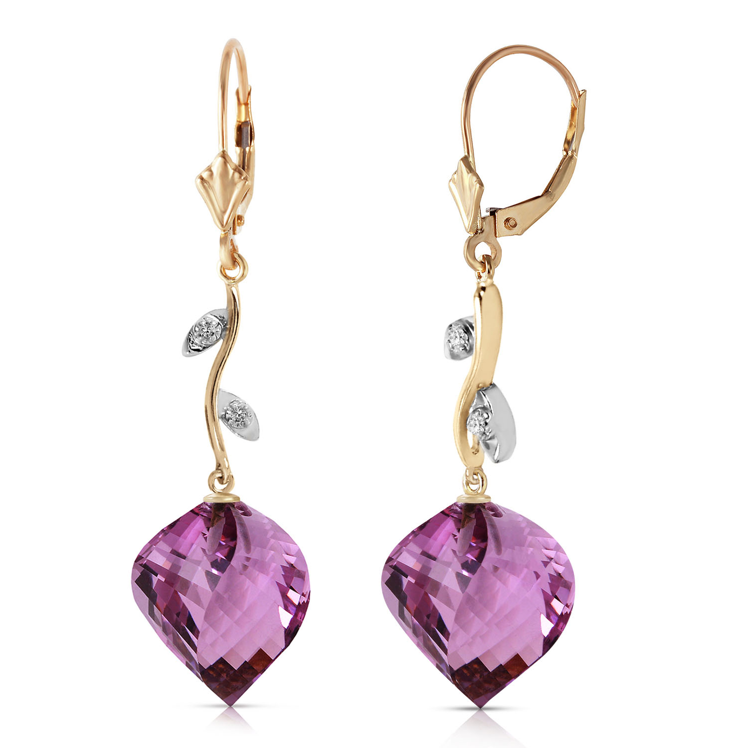 21.52 CTW 14K Solid Gold Diamond Spiral Amethyst Earrings