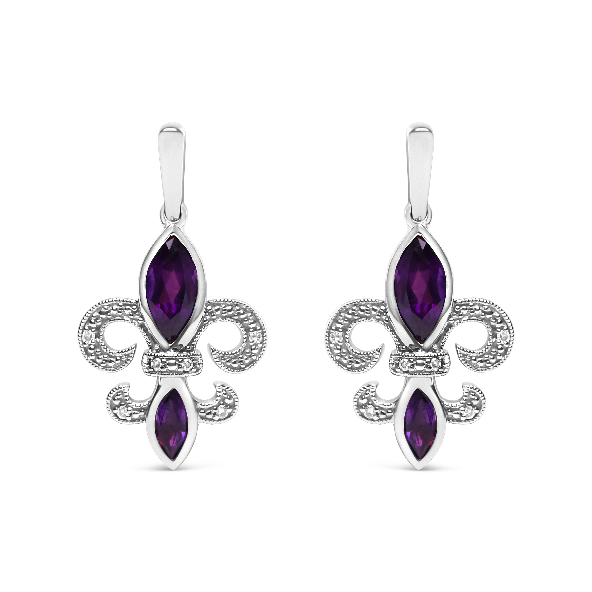 .925 Sterling Silver Marquise Cut Amethyst and Diamond Accent Fleur De Lis Dangle Stud Earrings (H-I Color, SI1-SI2 Clarity)
