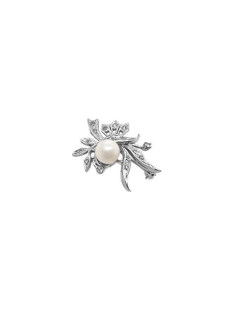 14k White Gold Diamond and Pearl Brooch
