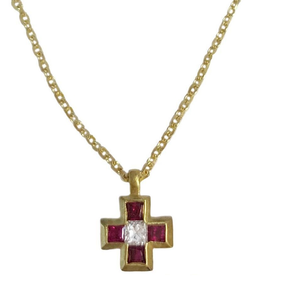 Tiffany  Co. 18k Yellow Gold Ruby  Diamond Mini Cross Pendant