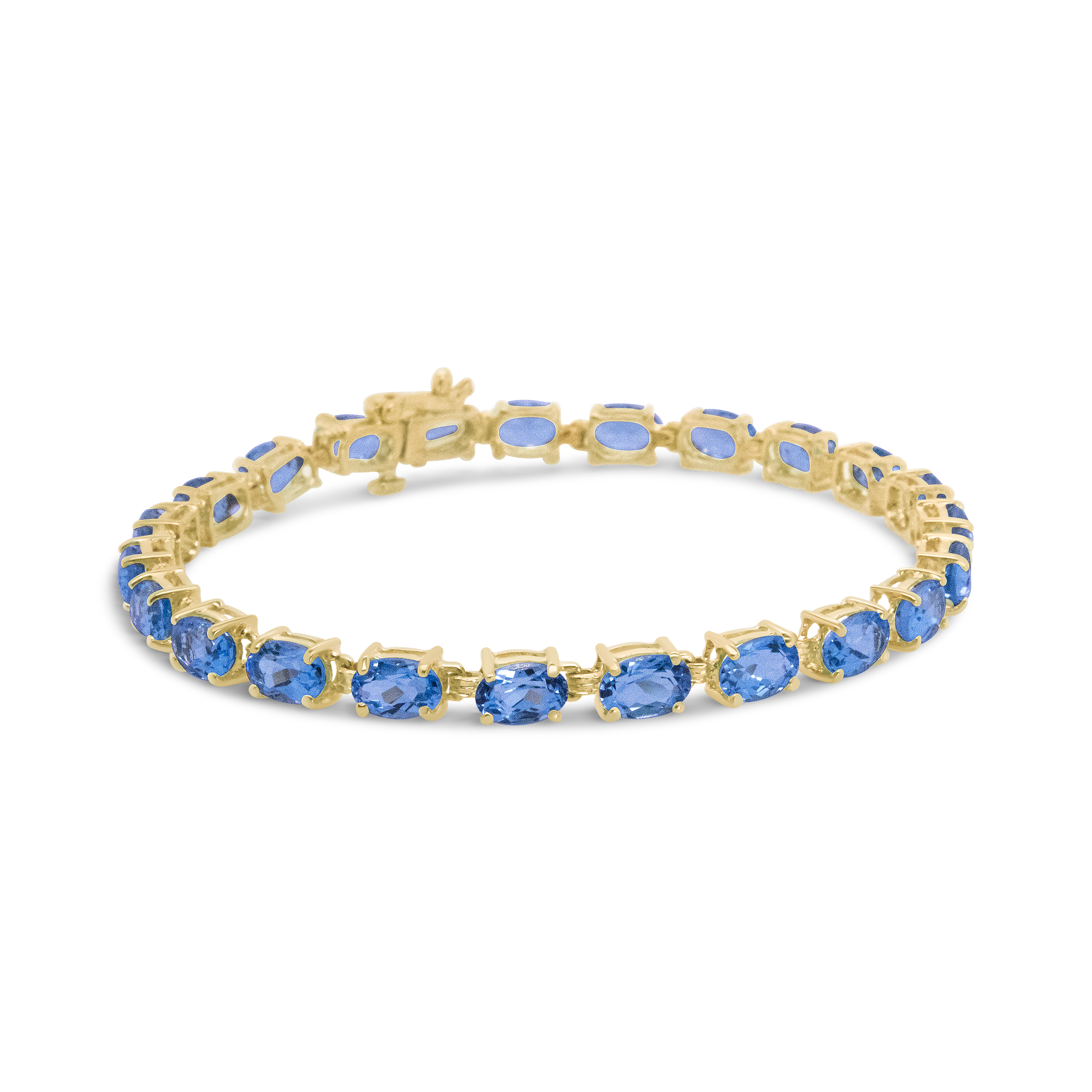 True 10K Yellow Gold and 4 Prong Set 6X4 MM Blue Topaz Link Tennis Bracelet - Size 7 Inches
