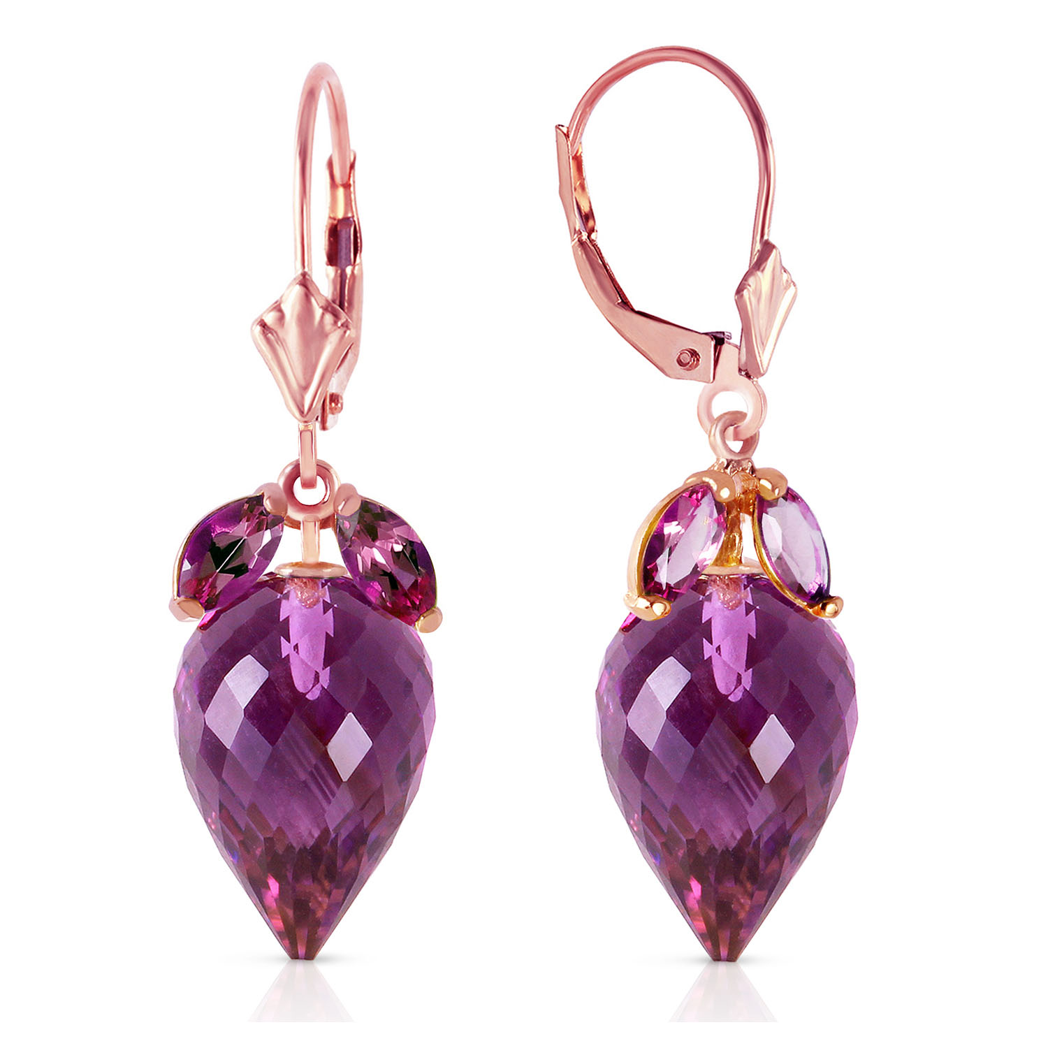 20 CTW 14K Solid Rose Gold Earrings Pointy Briolette Amethyst