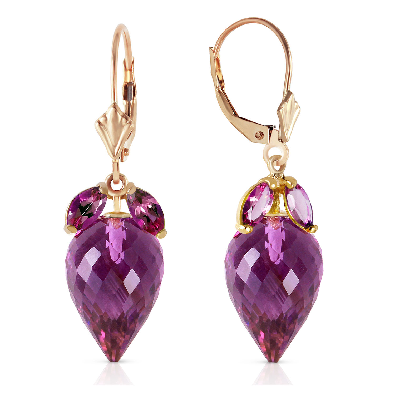 20 CTW 14K Solid Gold Earrings Pointy Briolette Amethyst