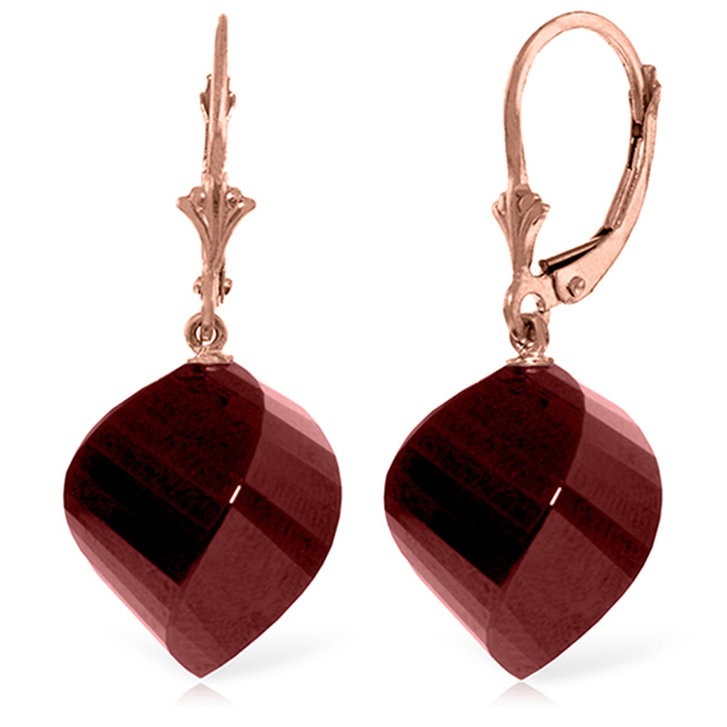 30.5 CTW 14K Solid Rose Gold Leverback Earrings Twisted Briolette Ruby