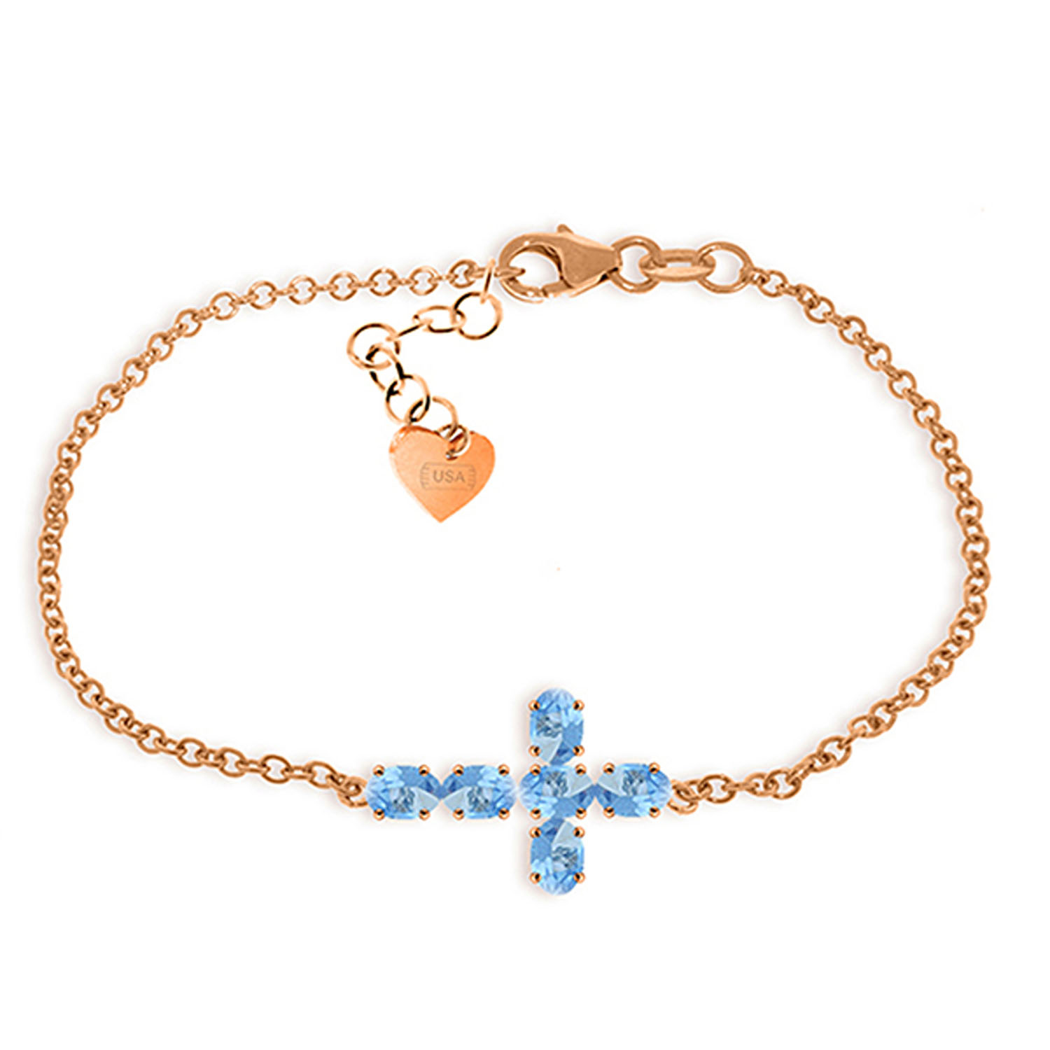 1.7 CTW 14K Solid Rose Gold Cross Bracelet Natural Blue Topaz