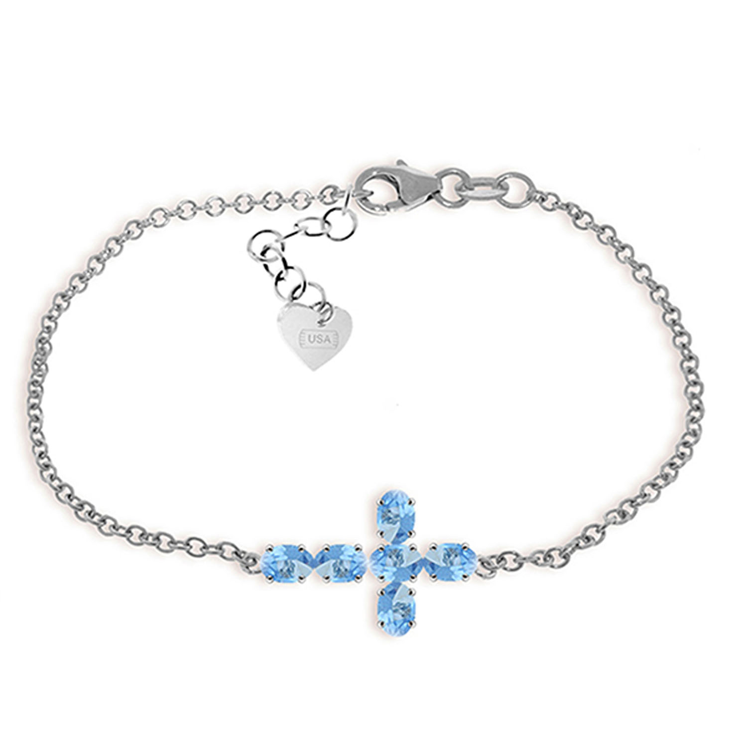 1.7 CTW 14K Solid White Gold Cross Bracelet Natural Blue Topaz