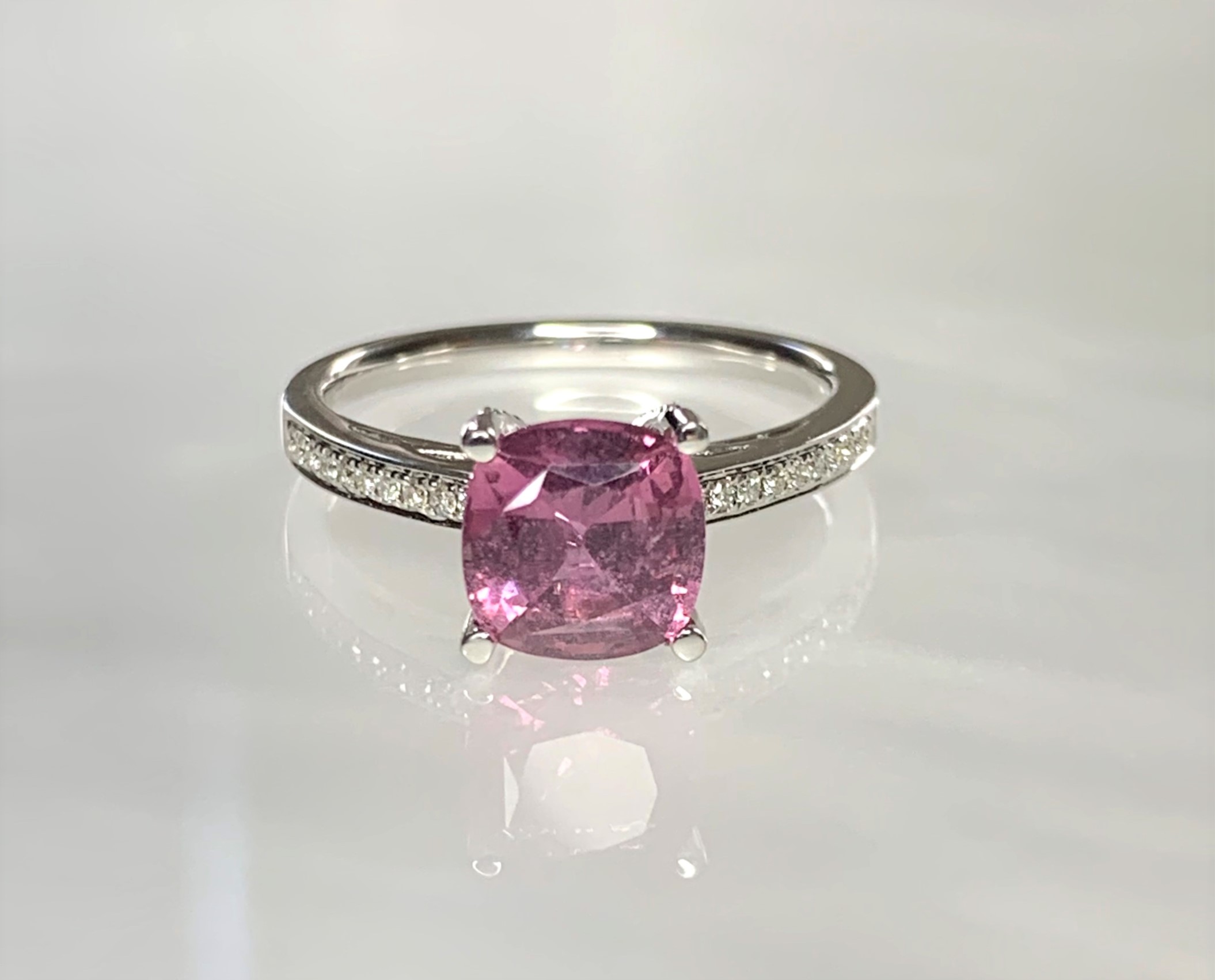 14K White Gold Cushion Cut Pink Sapphire Diamond Ring